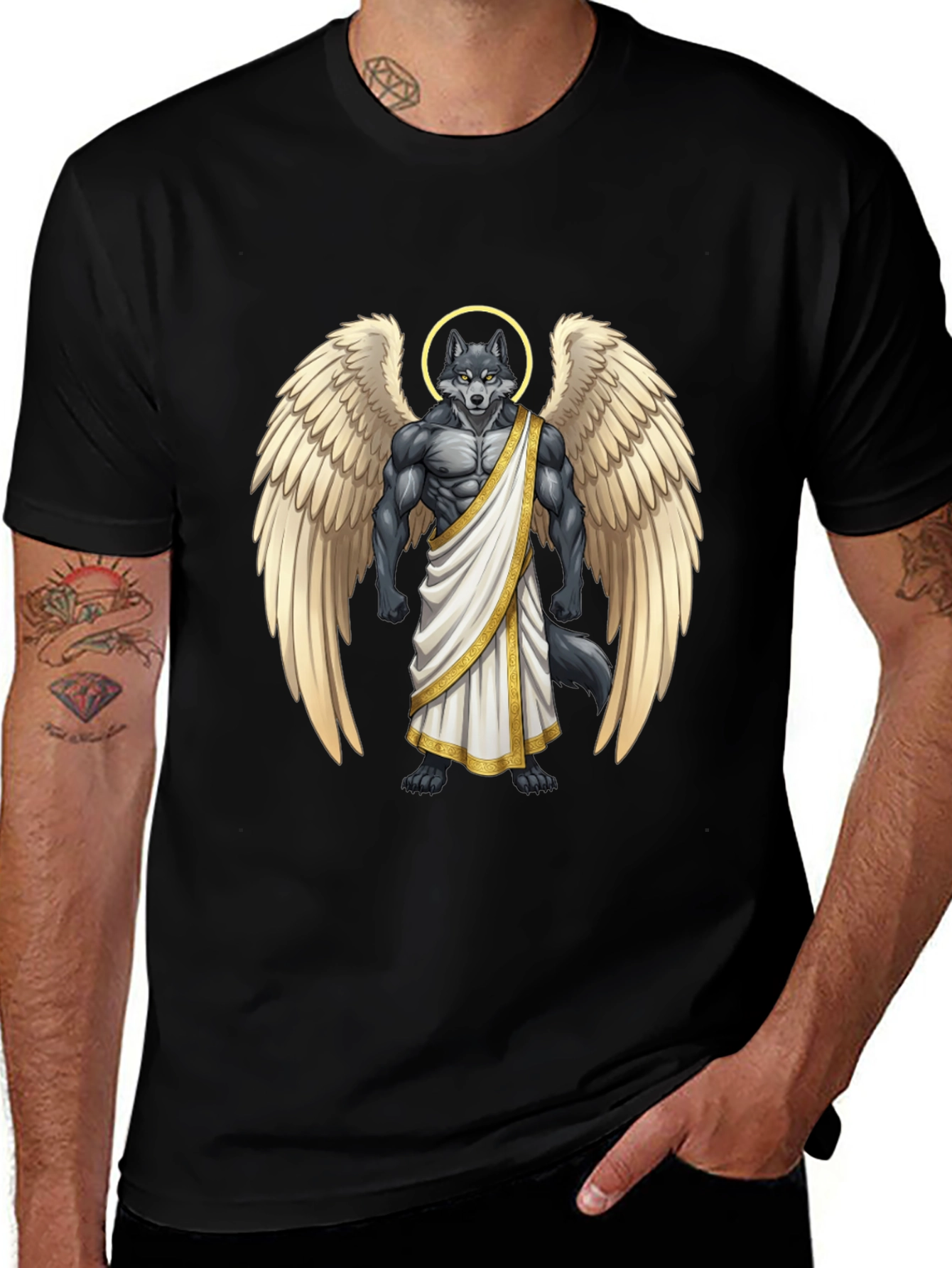 Angel Wolf Graphic Tee - Black Cotton T-Shirt