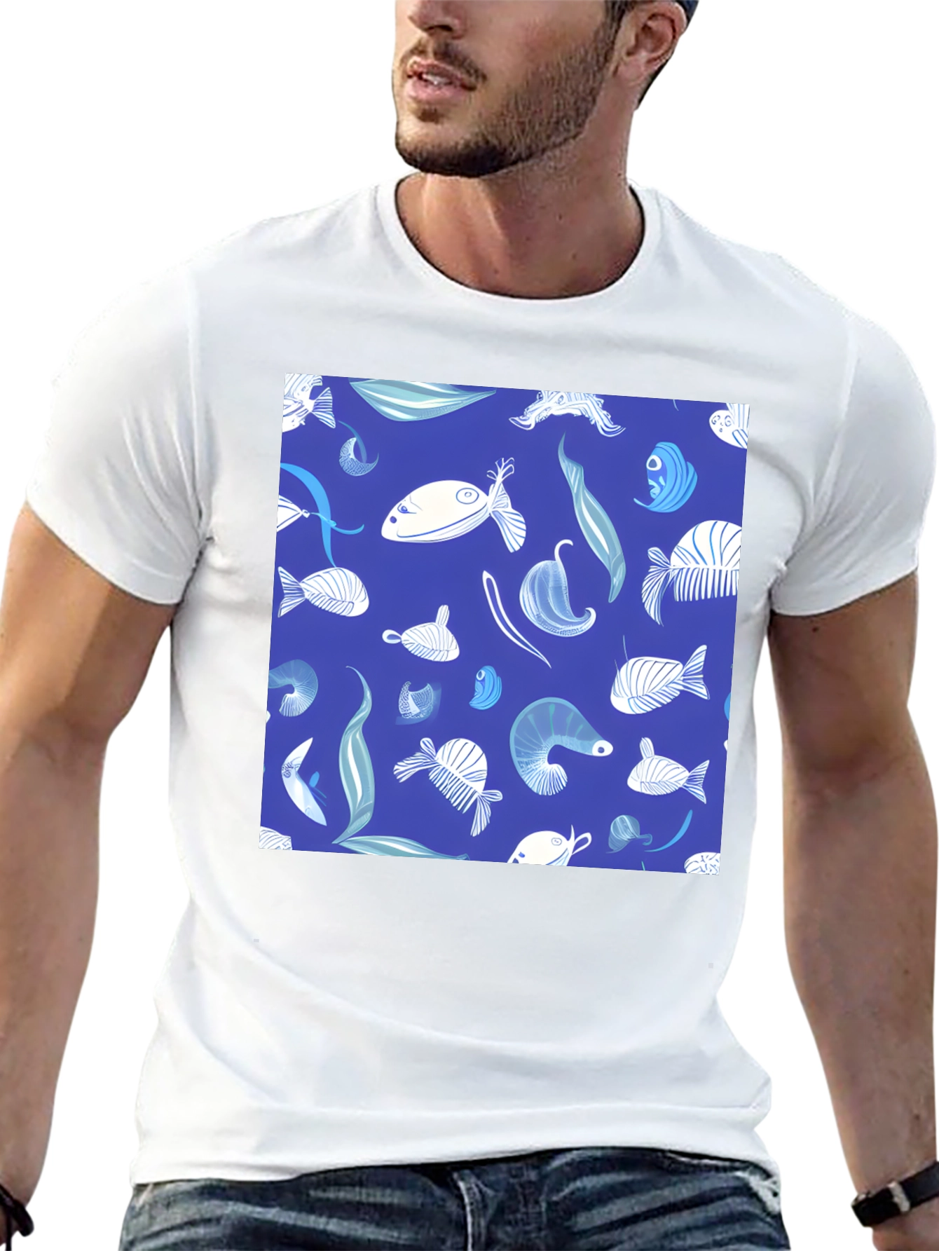 Blue Fish Pattern T-Shirt