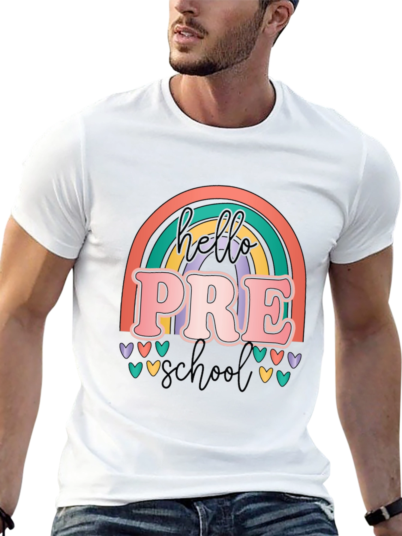 Hello Preschool Teacher T-Shirt Retro Rainbow