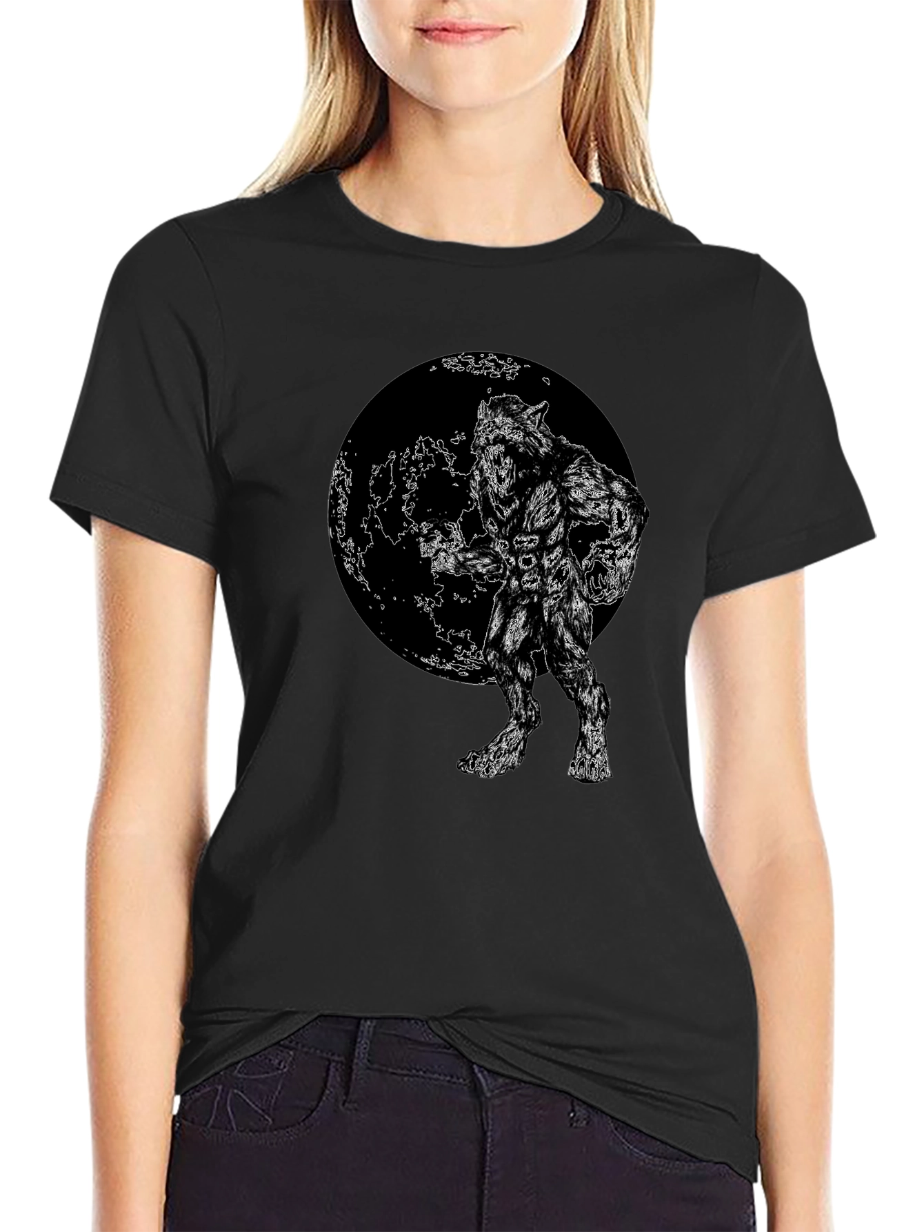 Werewolf Moon Graphic Tee - Black Cotton Blend