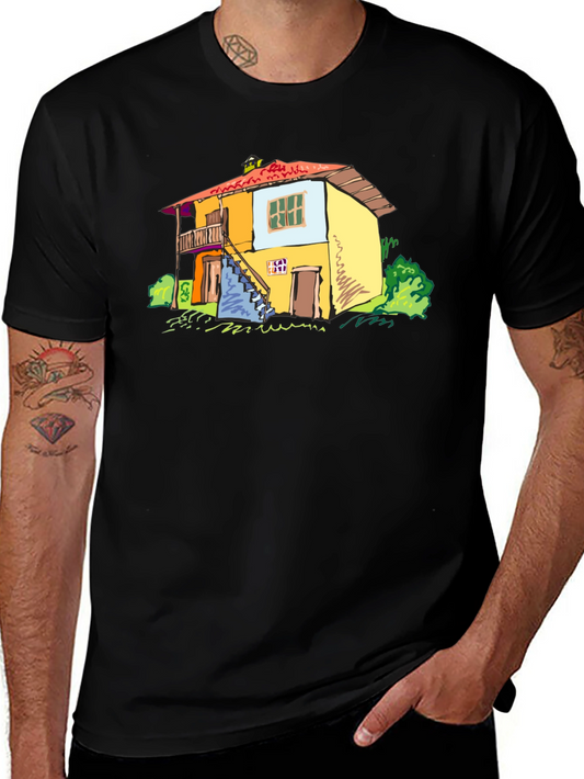 Black T-Shirt with Colorful House Graphic