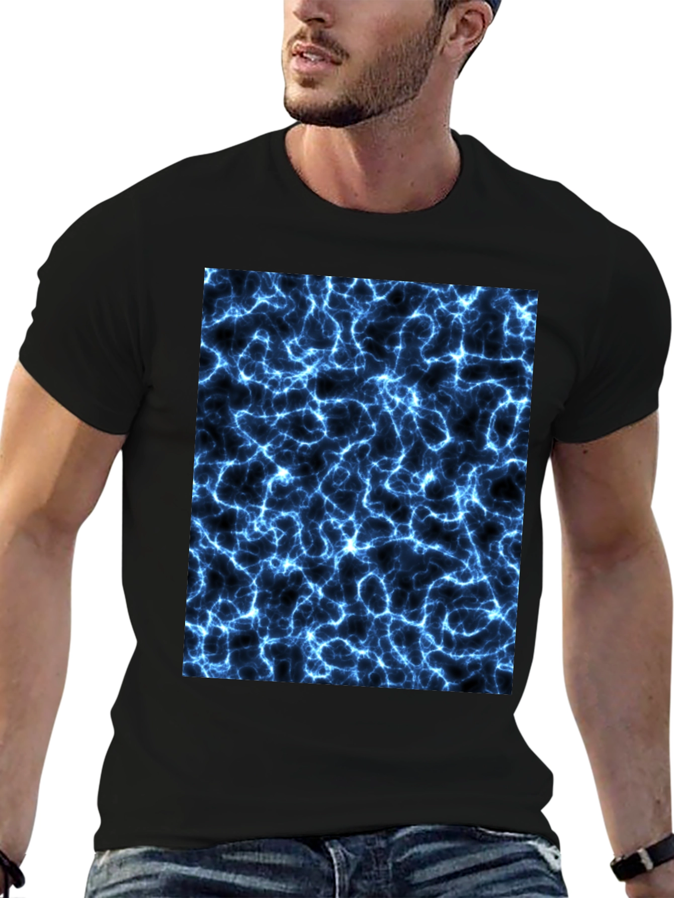 Electric Blue Lightning Graphic Black T-Shirt