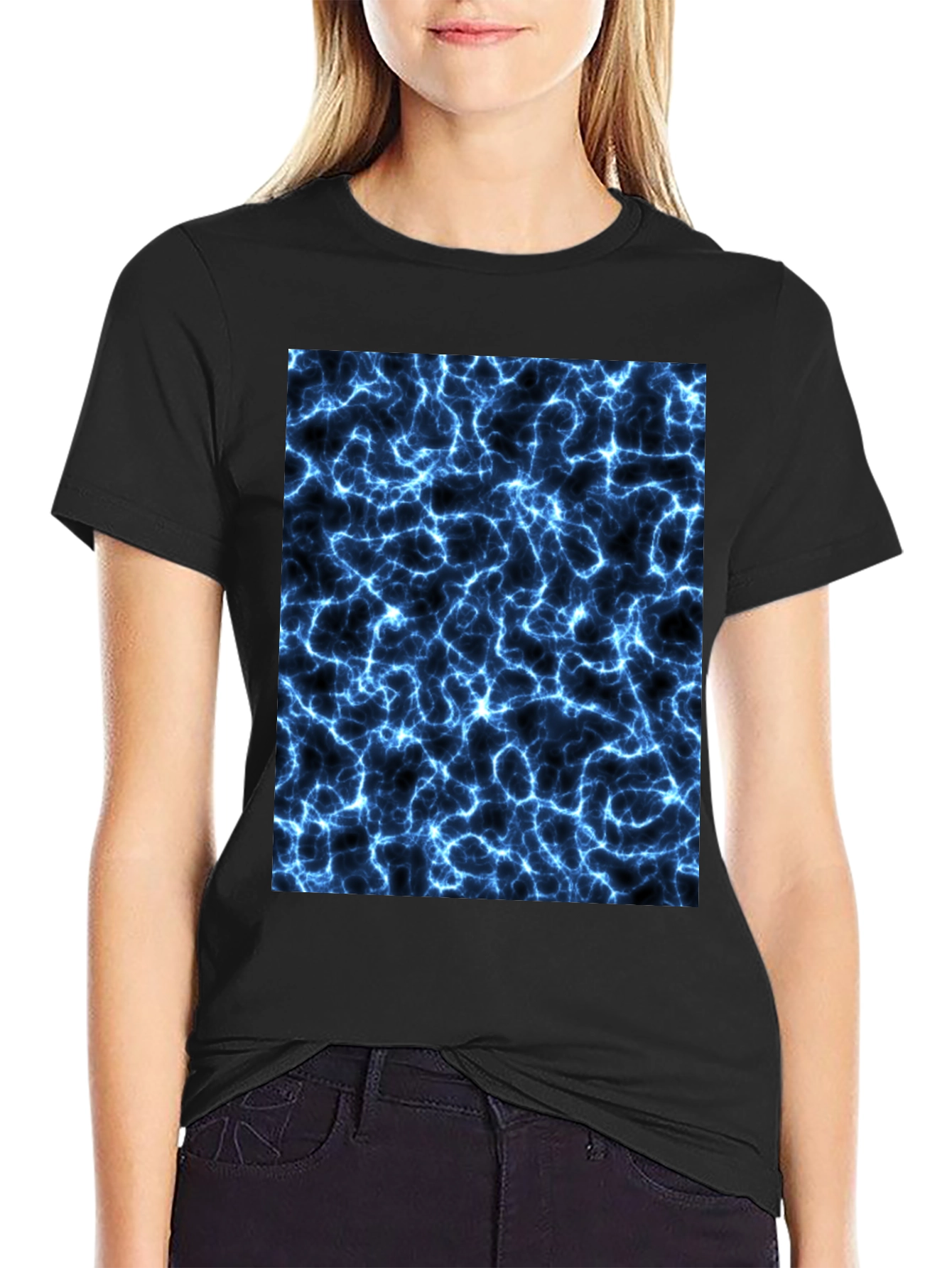 Electric Blue Lightning Graphic Black T-Shirt