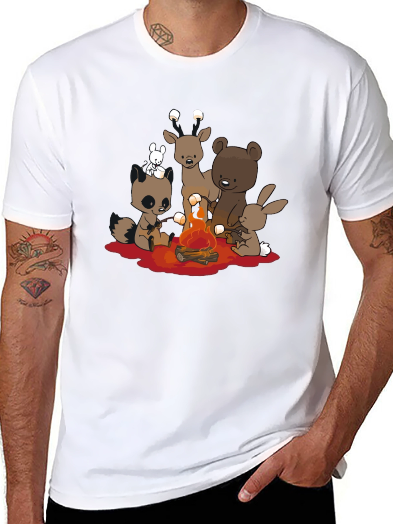 Cute Campfire Cartoon Animals Black T-Shirt