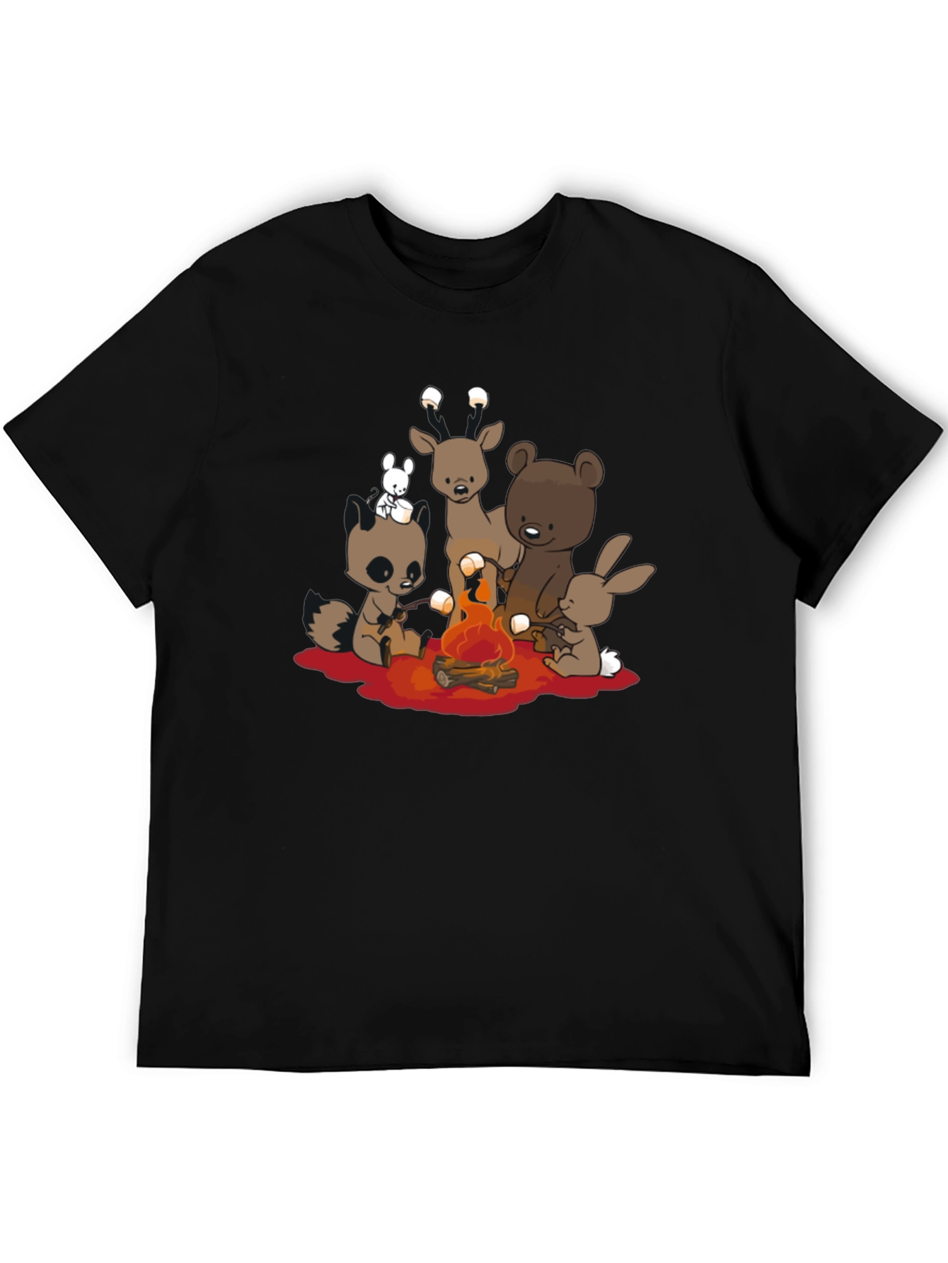 Cute Campfire Cartoon Animals Black T-Shirt