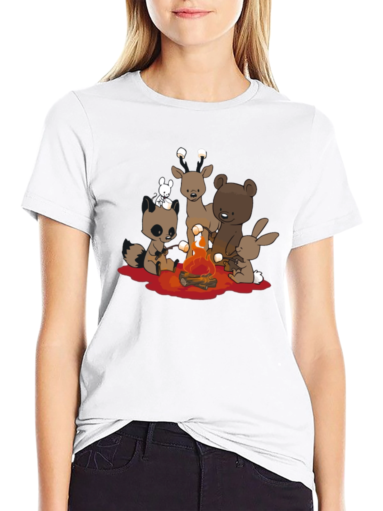 Cute Campfire Cartoon Animals Black T-Shirt