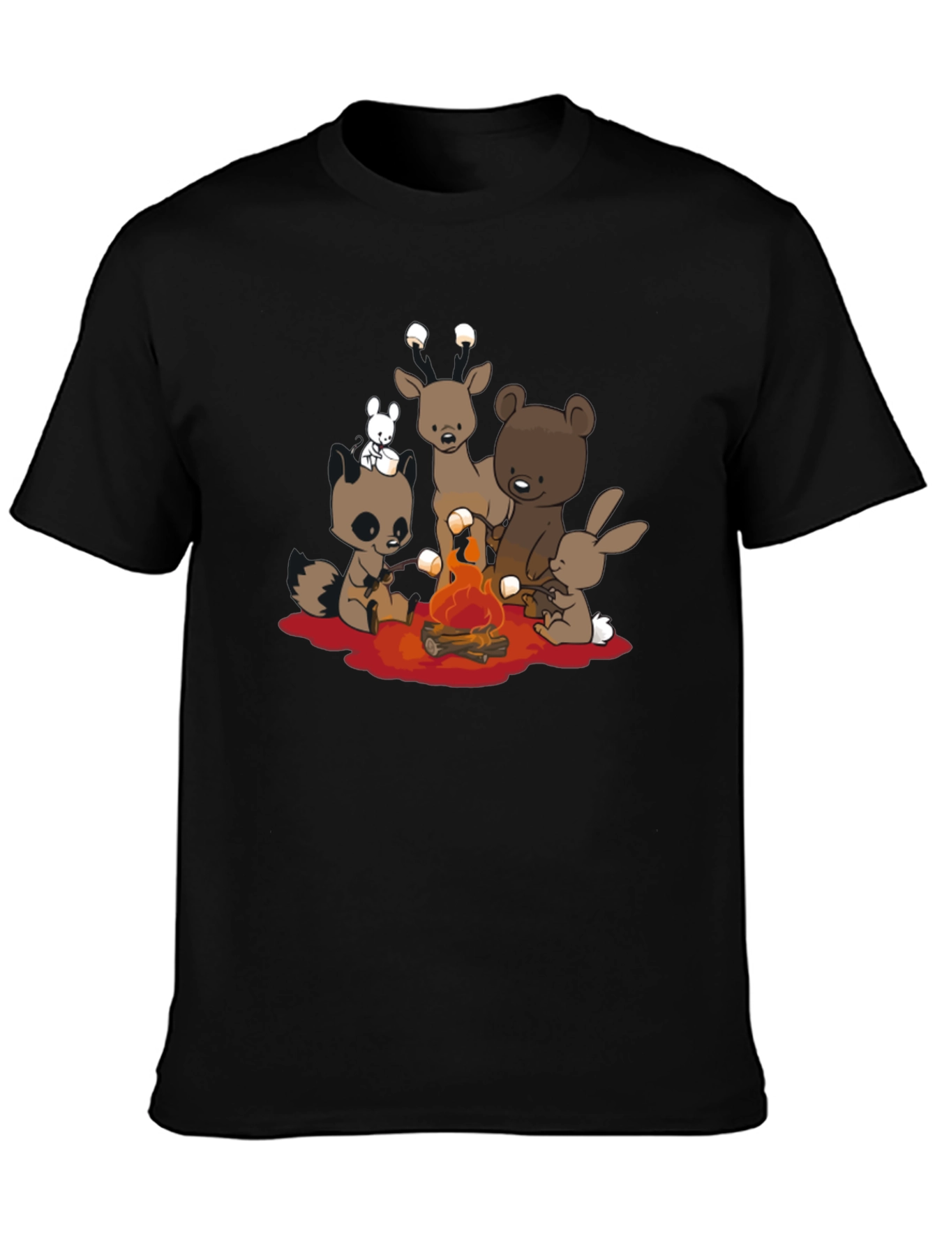 Cute Campfire Cartoon Animals Black T-Shirt