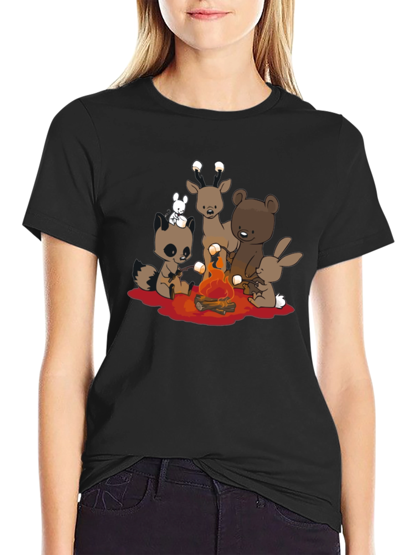 Cute Campfire Cartoon Animals Black T-Shirt