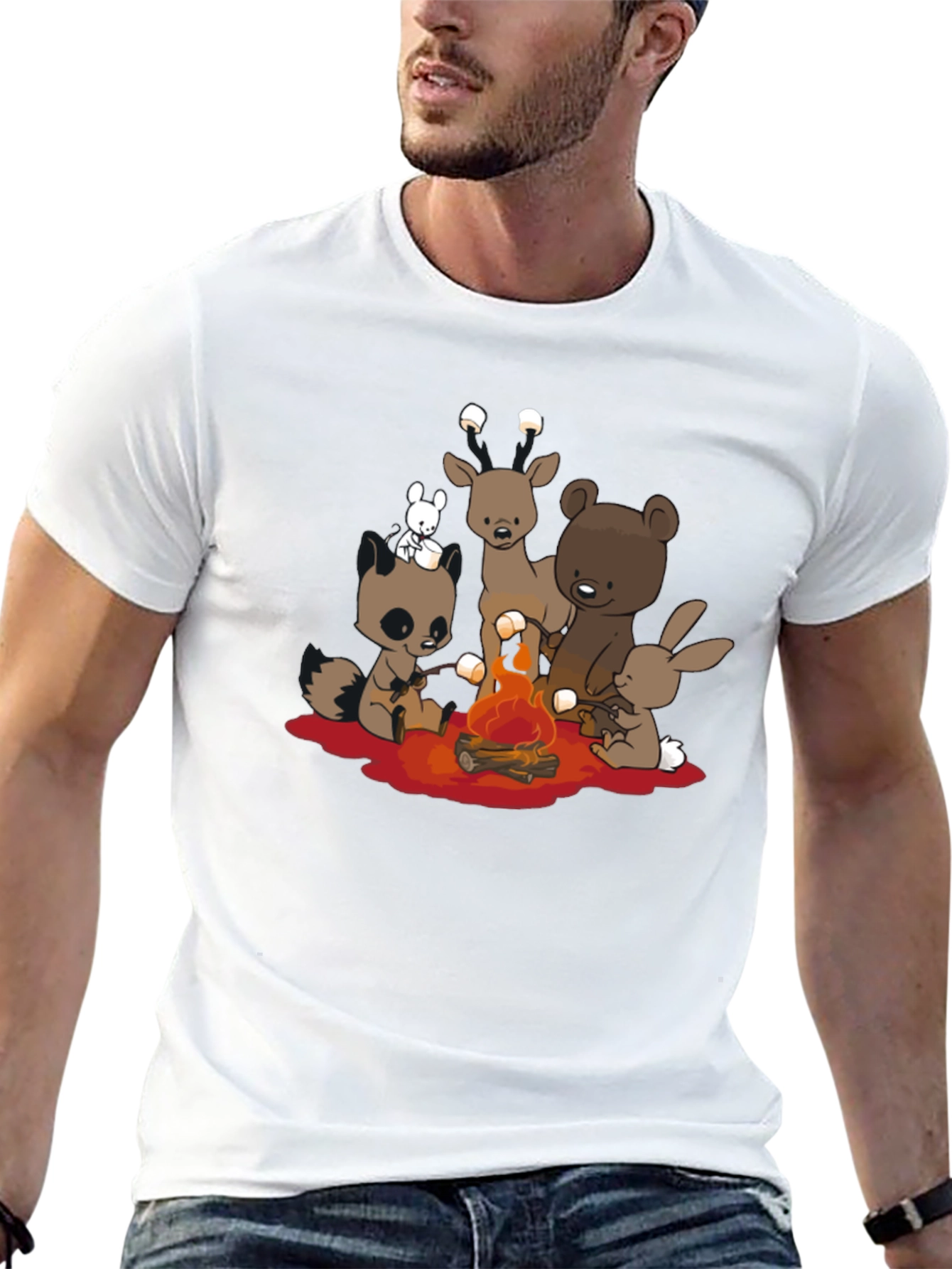 Cute Campfire Cartoon Animals Black T-Shirt