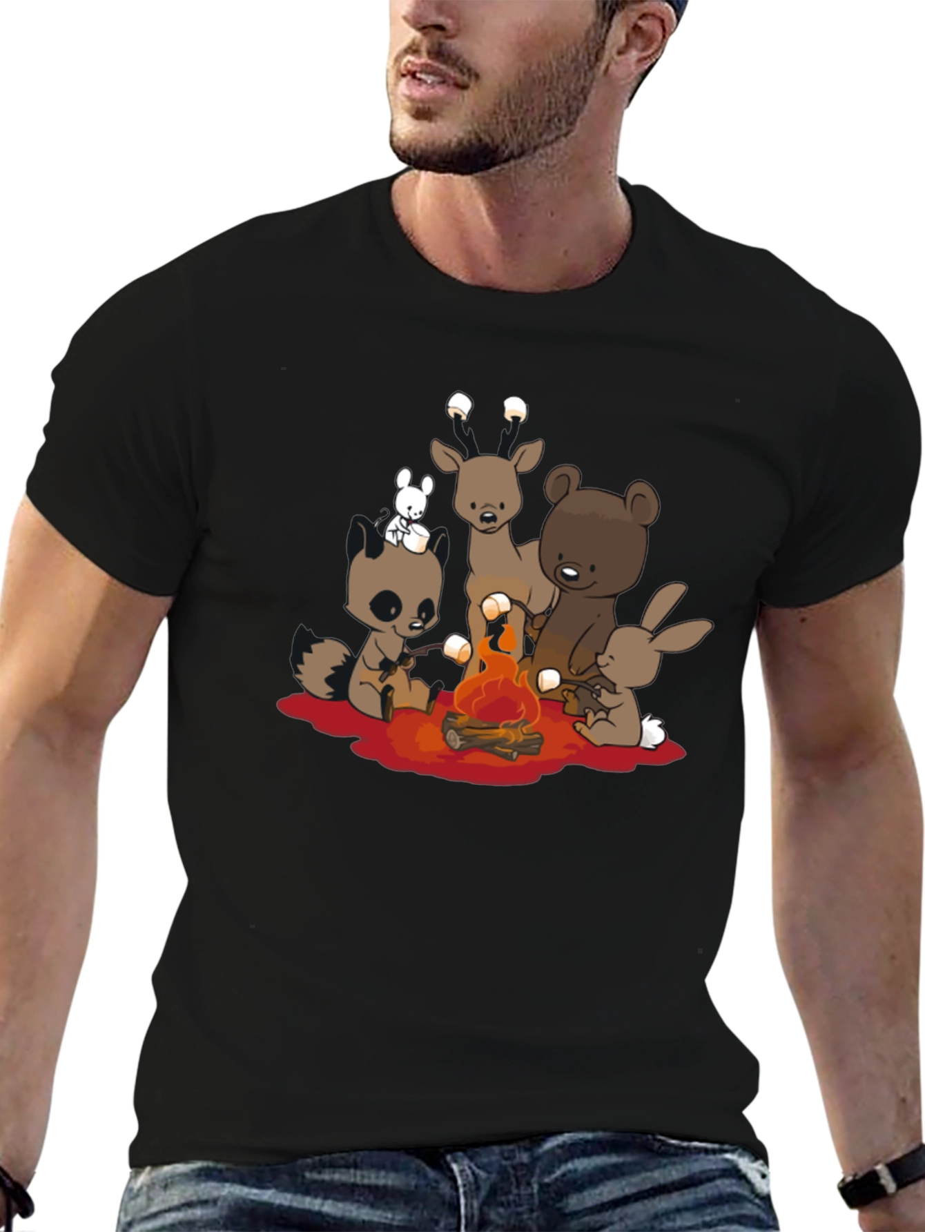 Cute Campfire Cartoon Animals Black T-Shirt