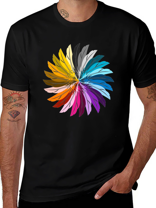 Colorful Feather Circle Graphic Black T-Shirt
