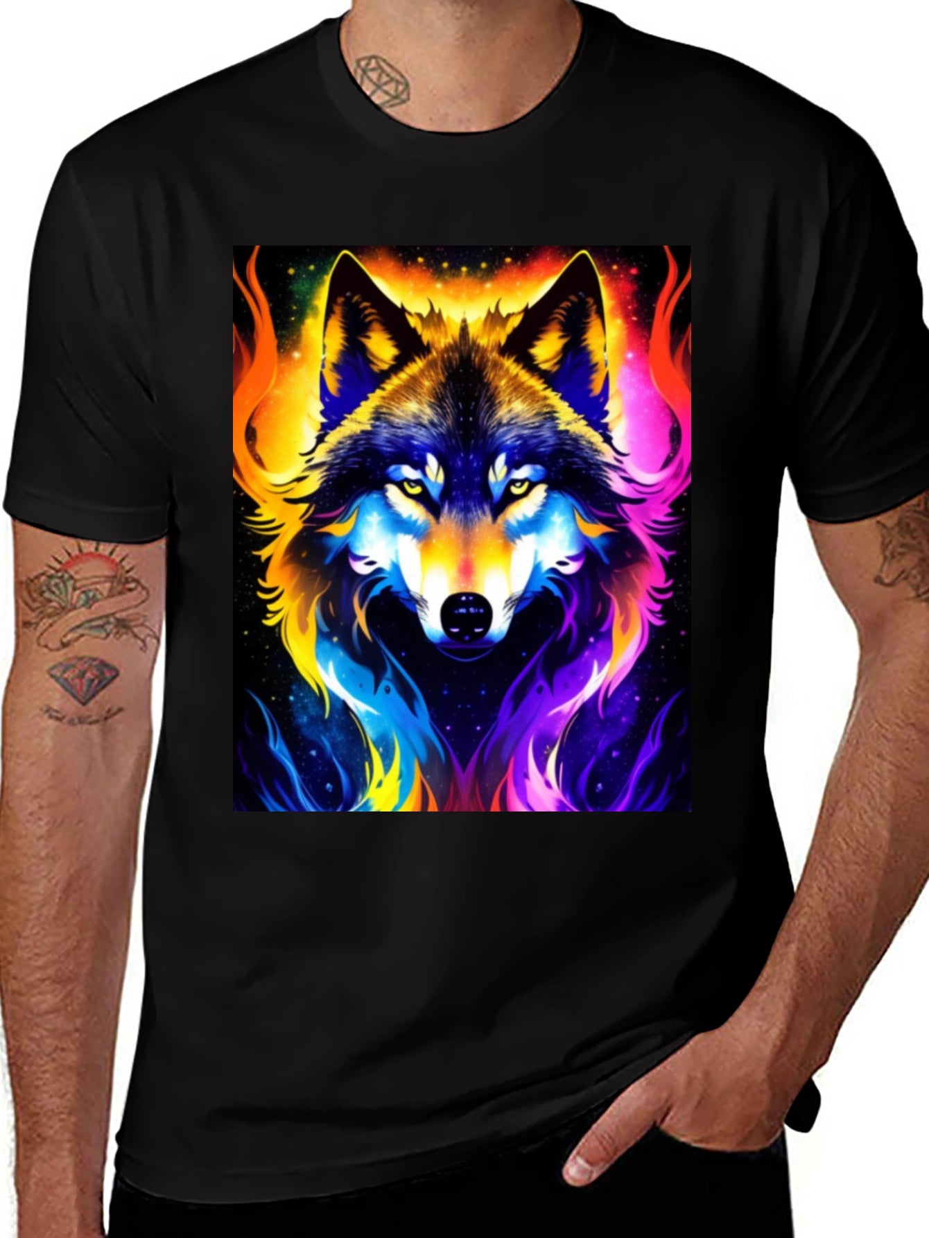Vibrant Wolf Graphic Black T-Shirt