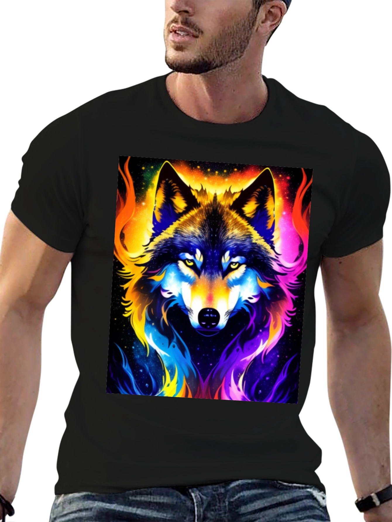 Vibrant Wolf Graphic Black T-Shirt