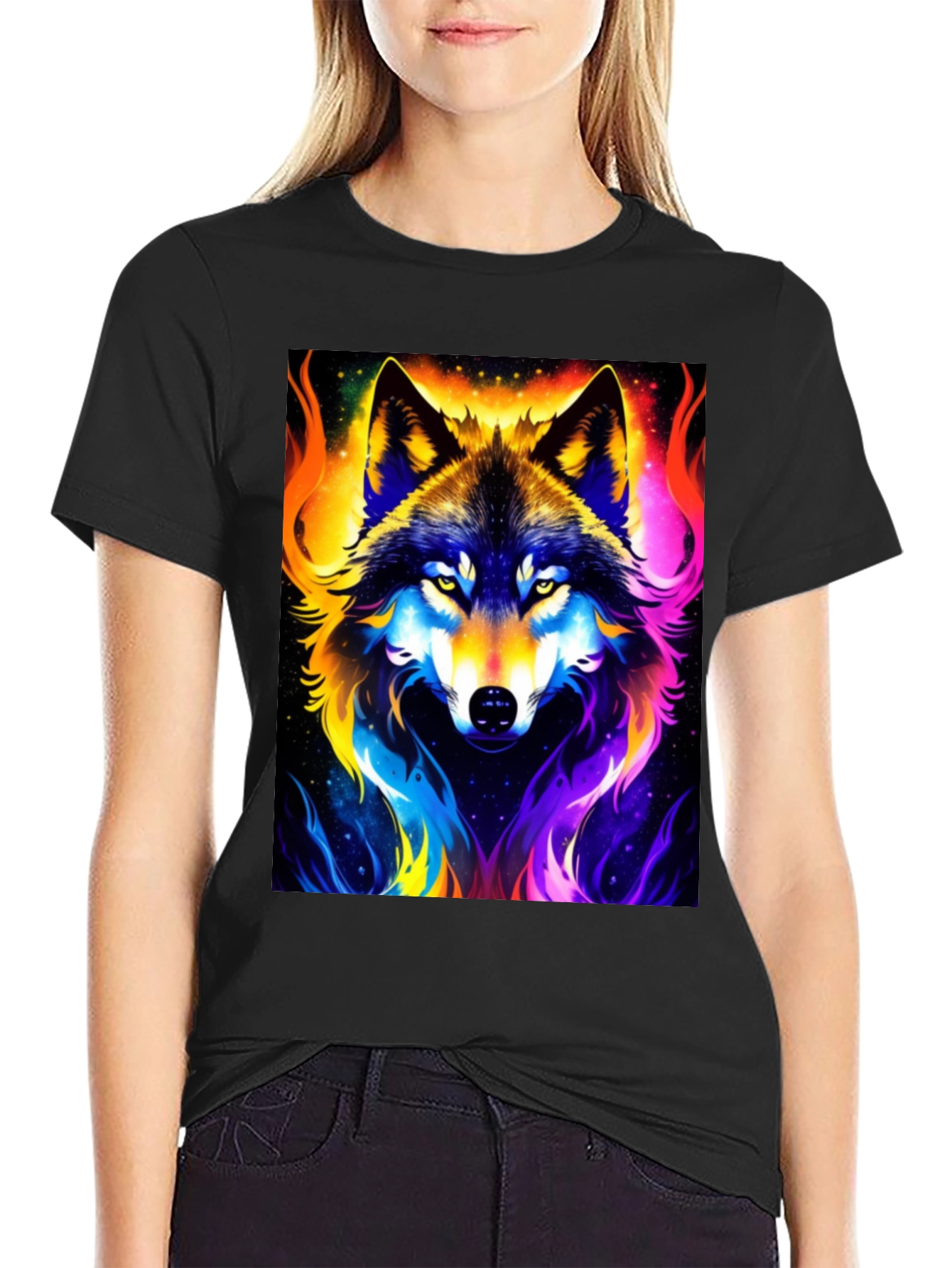 Vibrant Wolf Graphic Black T-Shirt