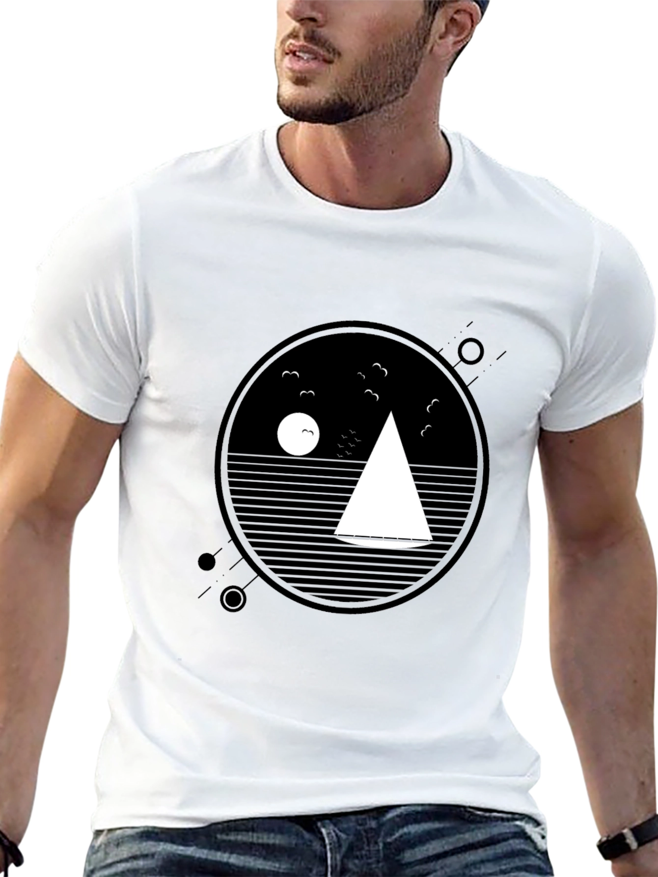 Mens Black Geometric Sailboat Graphic Tee