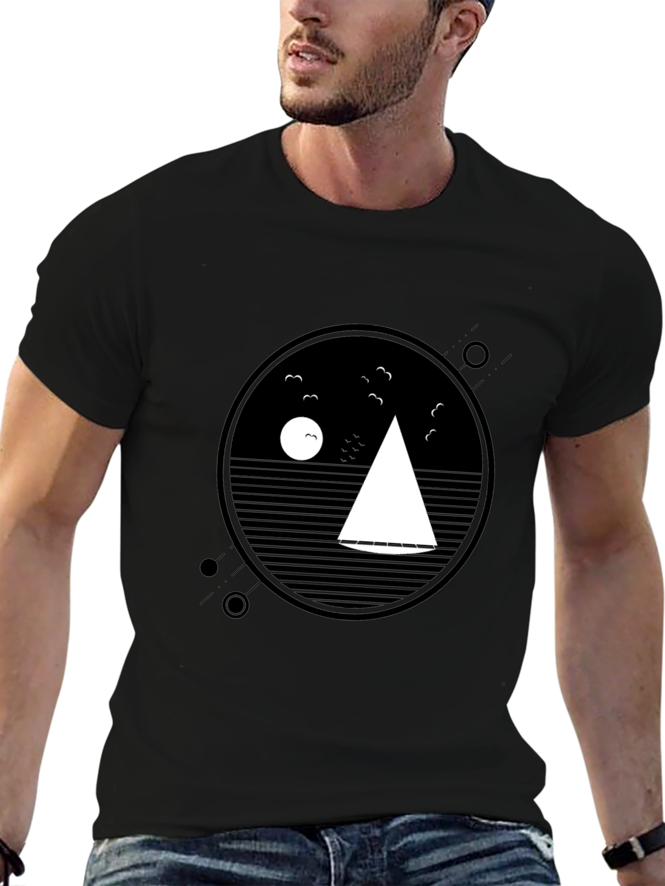 Mens Black Geometric Sailboat Graphic Tee