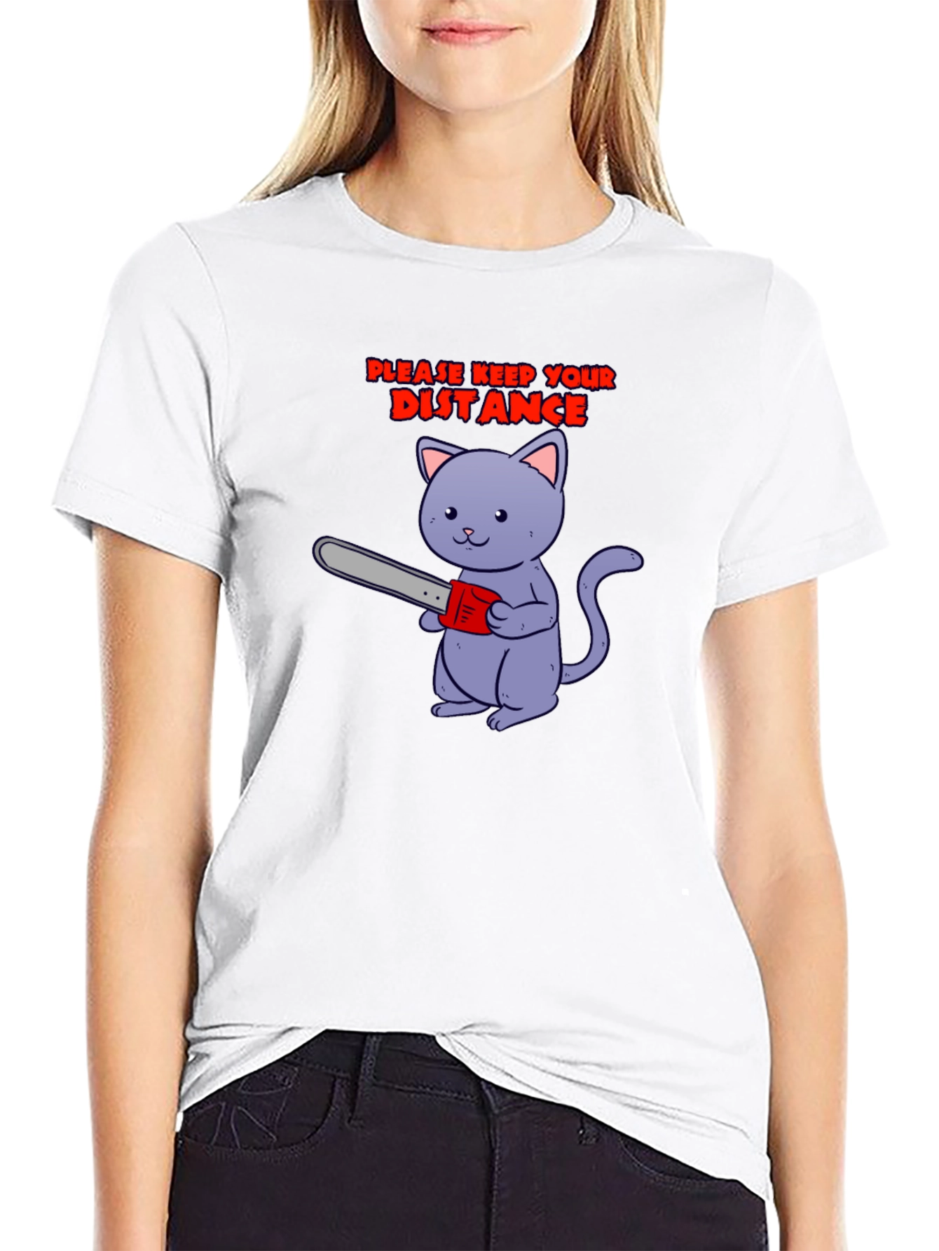 Keep Your Distance Tee: Chainsaw Cat Graphic T-Shirt