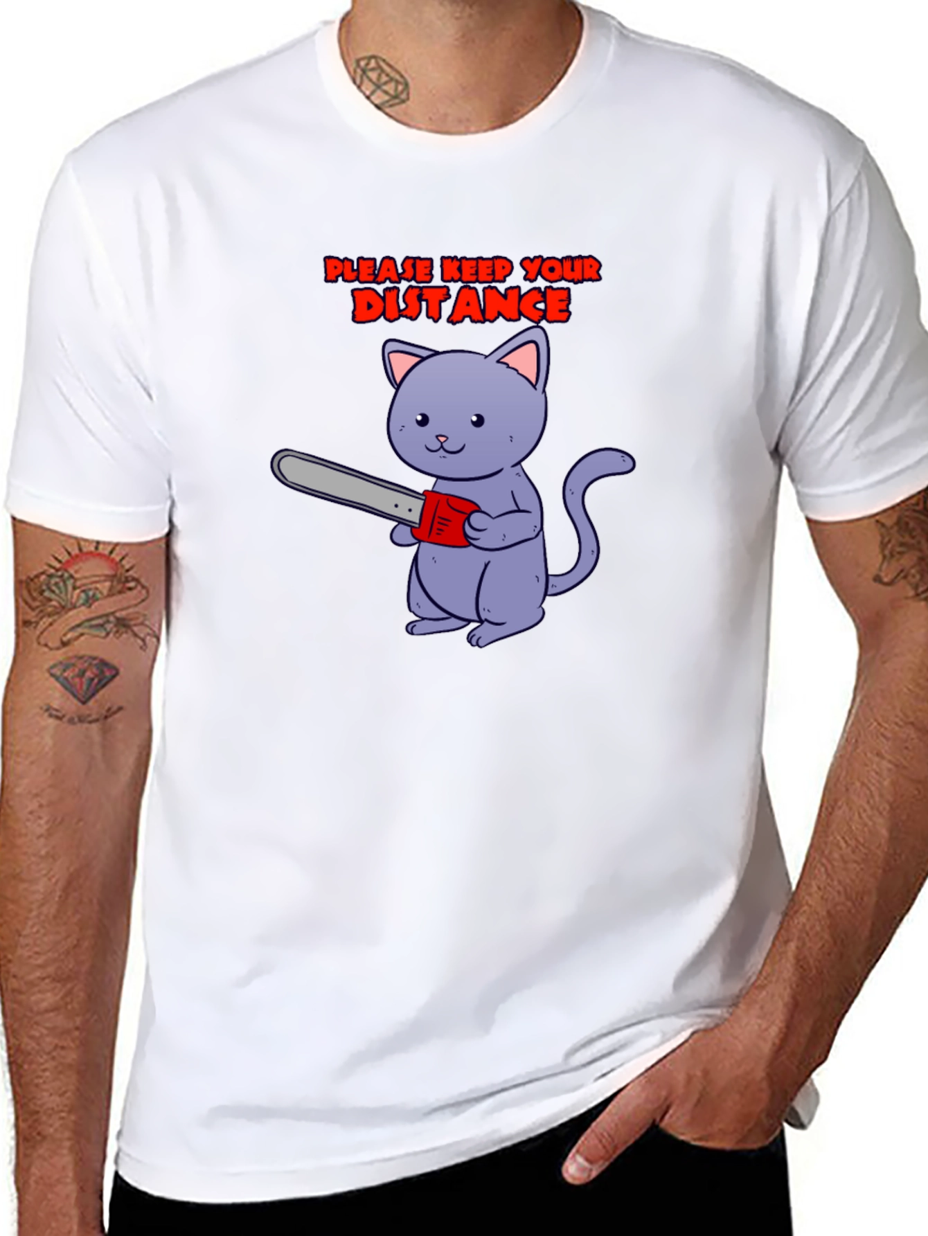 Keep Your Distance Tee: Chainsaw Cat Graphic T-Shirt
