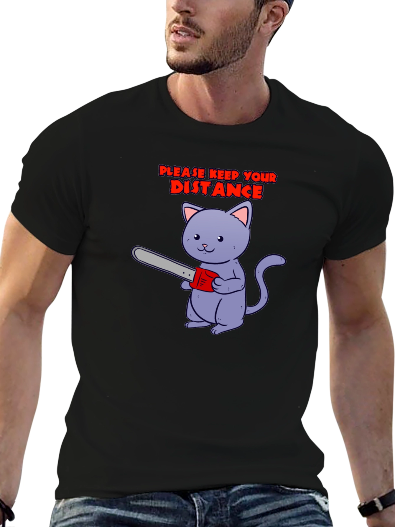 Keep Your Distance Tee: Chainsaw Cat Graphic T-Shirt