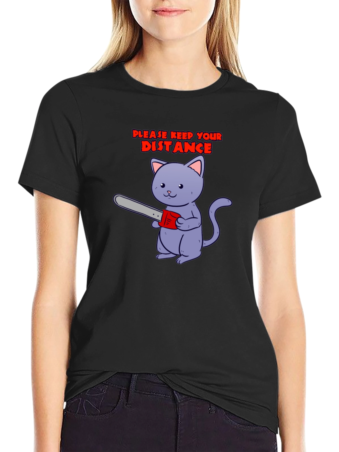 Keep Your Distance Tee: Chainsaw Cat Graphic T-Shirt