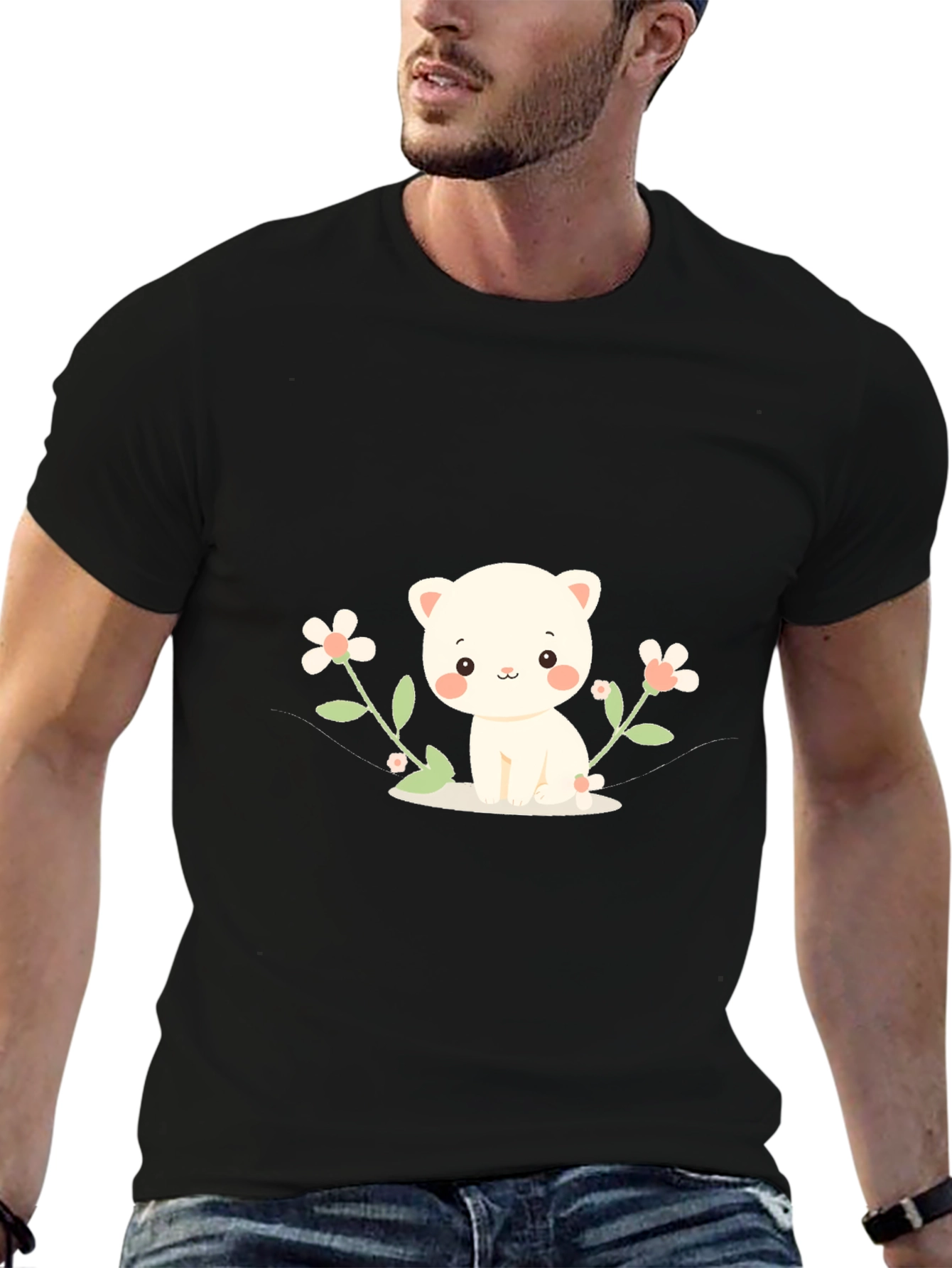 Cute Kitten & Flowers Graphic T-Shirt