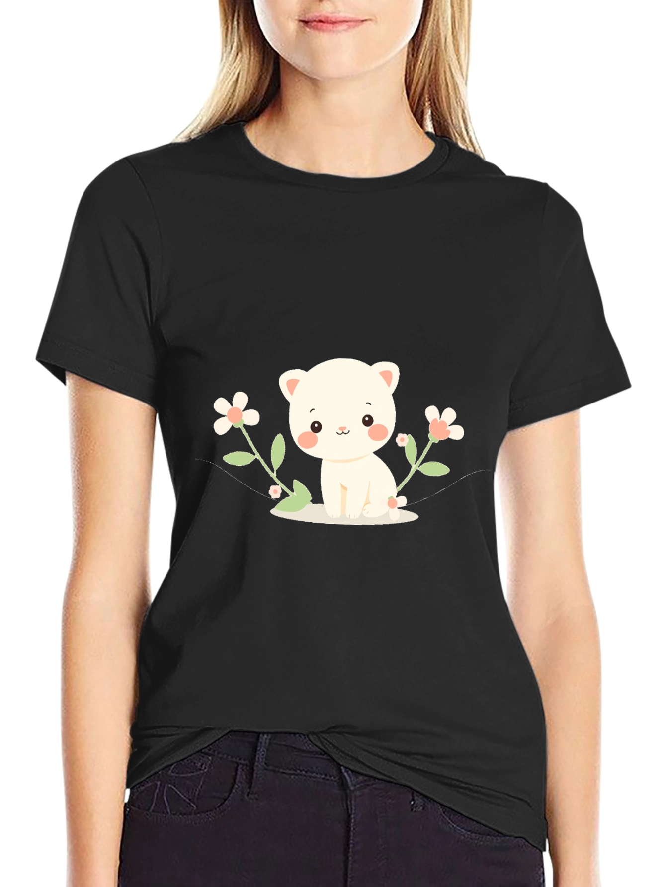 Cute Kitten & Flowers Graphic T-Shirt