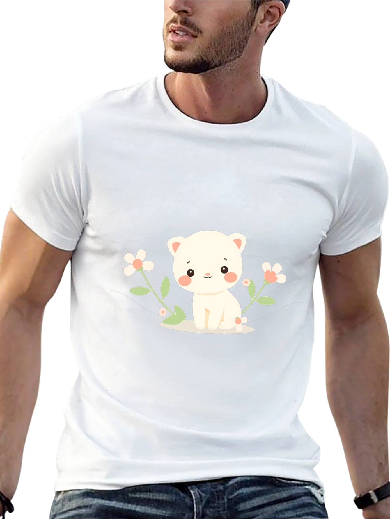 Cute Kitten & Flowers Graphic T-Shirt