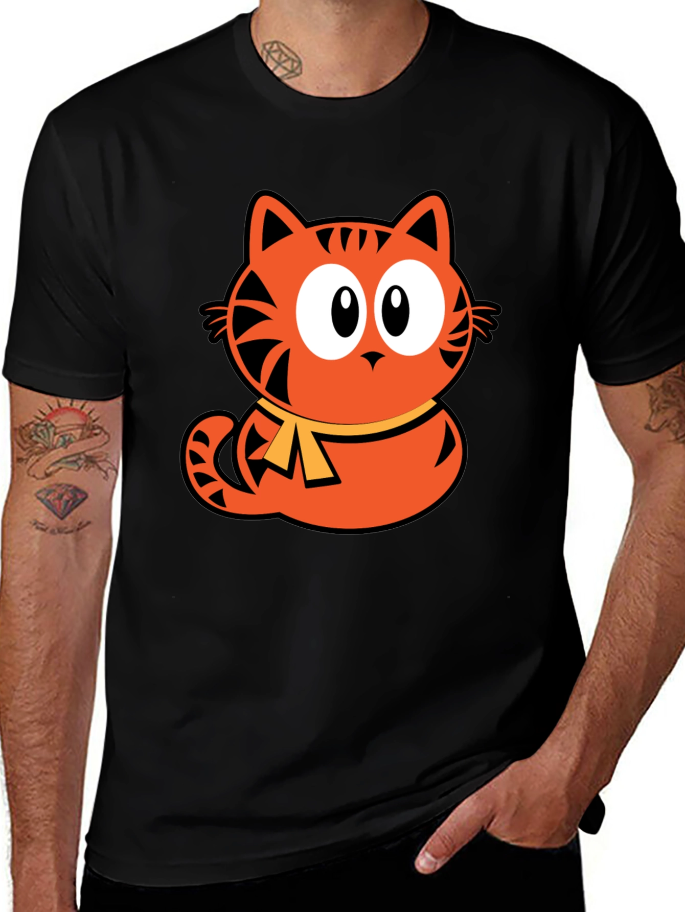 Orange Cat Cartoon Graphic Black T-Shirt