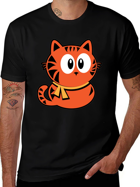 Orange Cat Cartoon Graphic Black T-Shirt