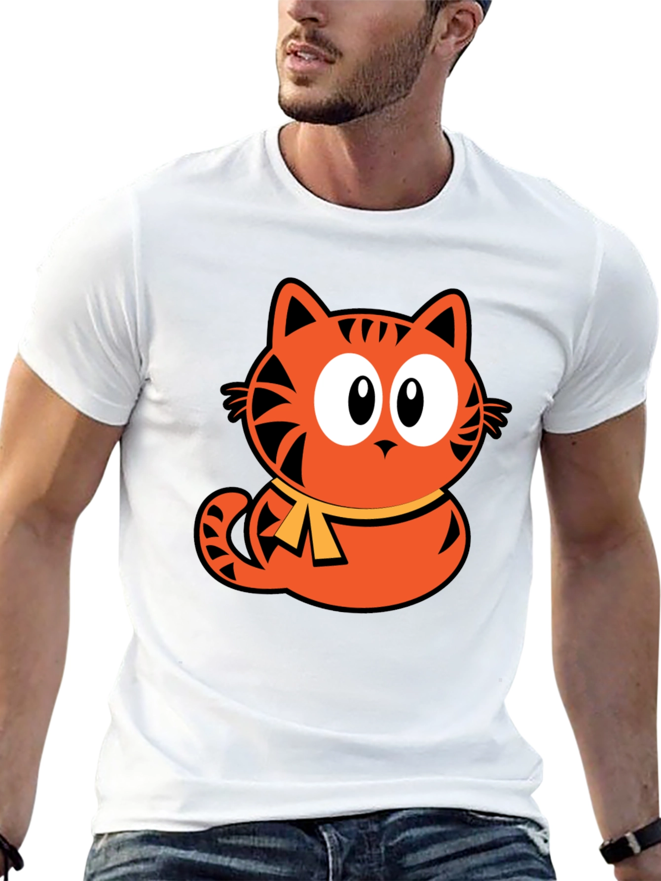 Orange Cat Cartoon Graphic Black T-Shirt