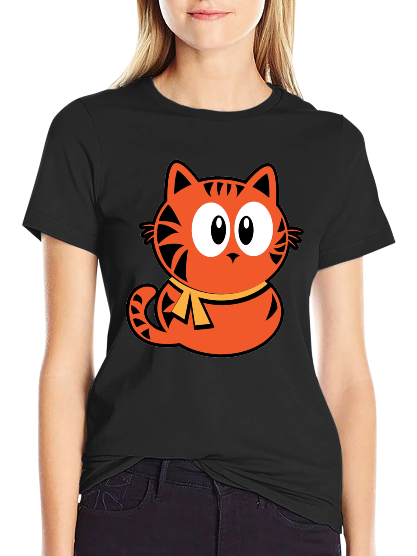 Orange Cat Cartoon Graphic Black T-Shirt