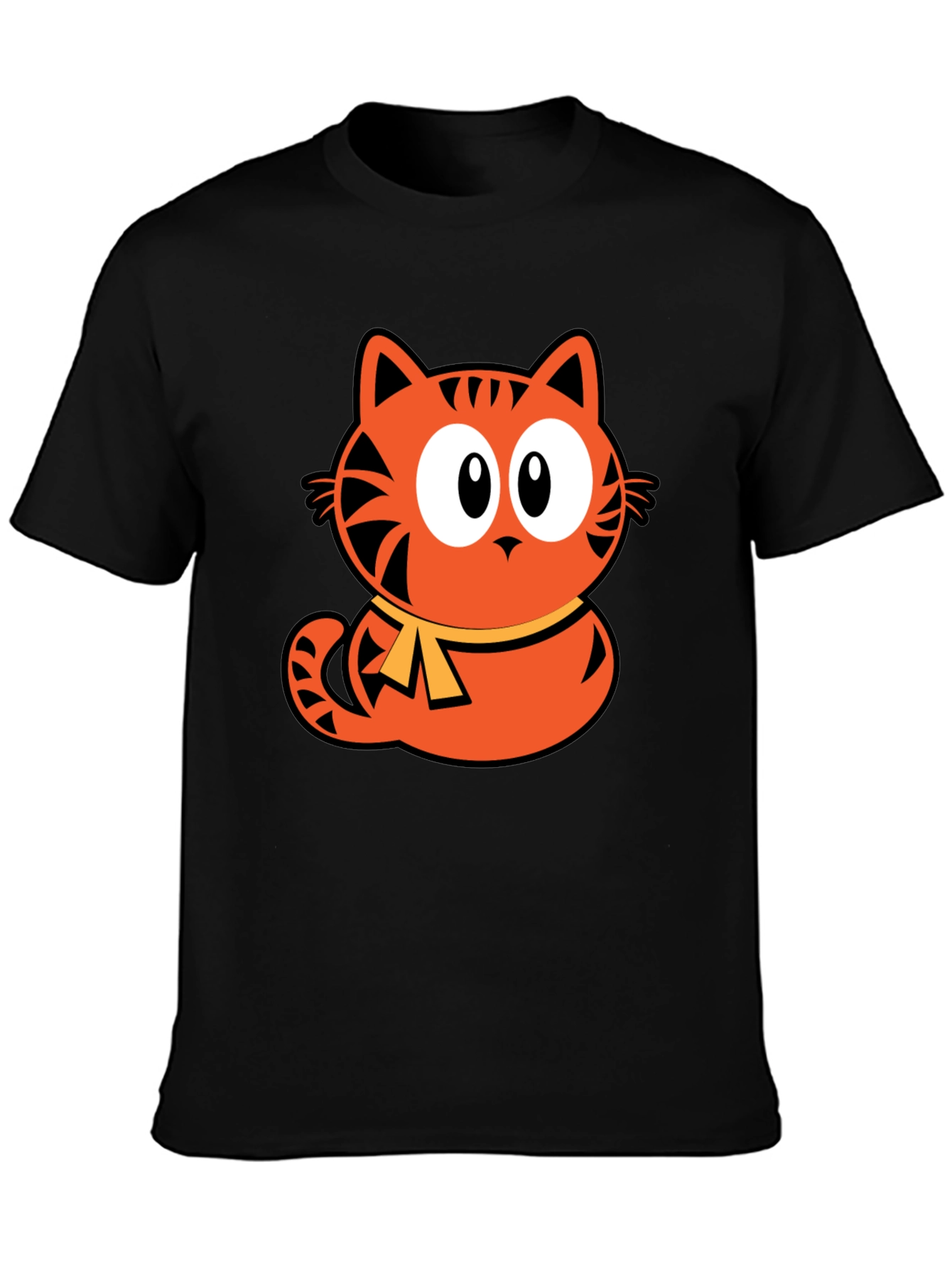 Orange Cat Cartoon Graphic Black T-Shirt