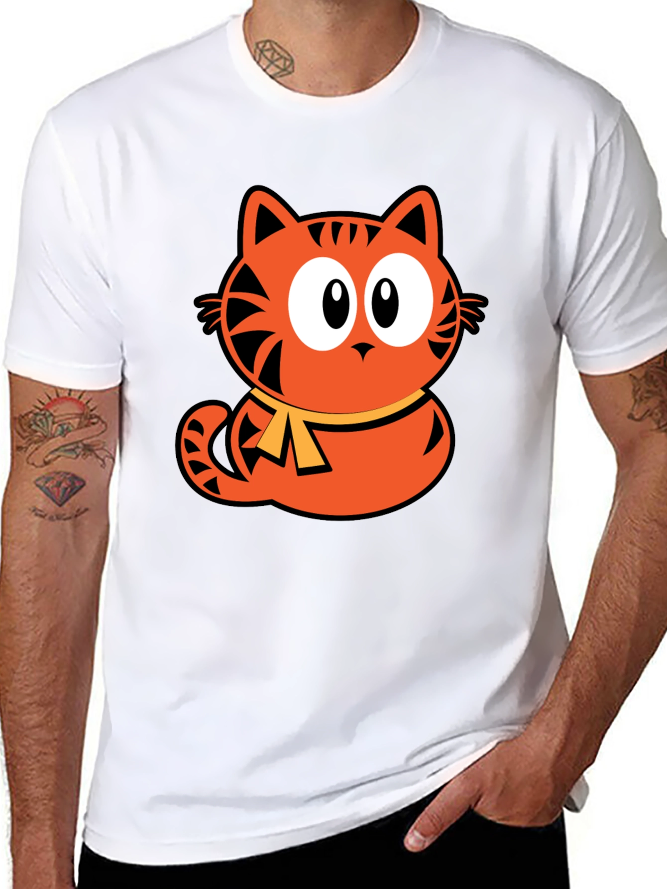 Orange Cat Cartoon Graphic Black T-Shirt