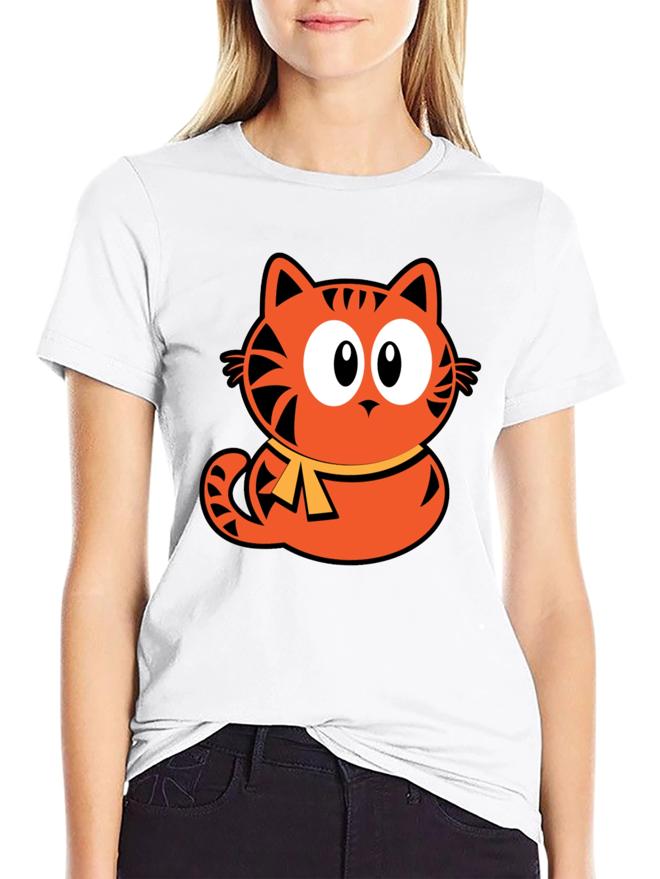 Orange Cat Cartoon Graphic Black T-Shirt