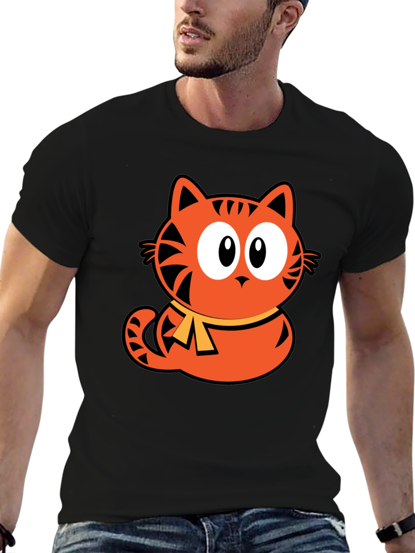 Orange Cat Cartoon Graphic Black T-Shirt