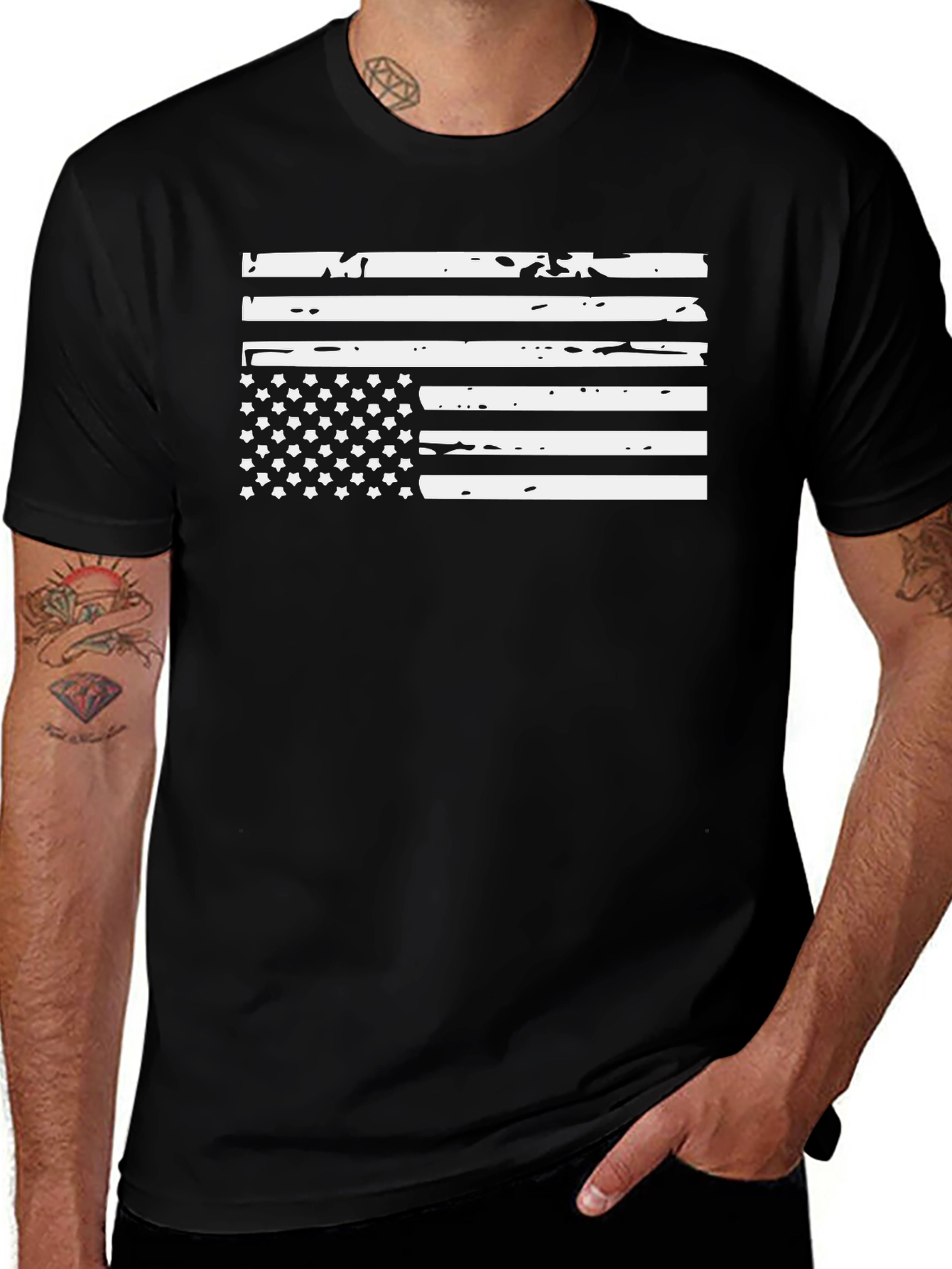 Distressed American Flag Graphic Tee - Black