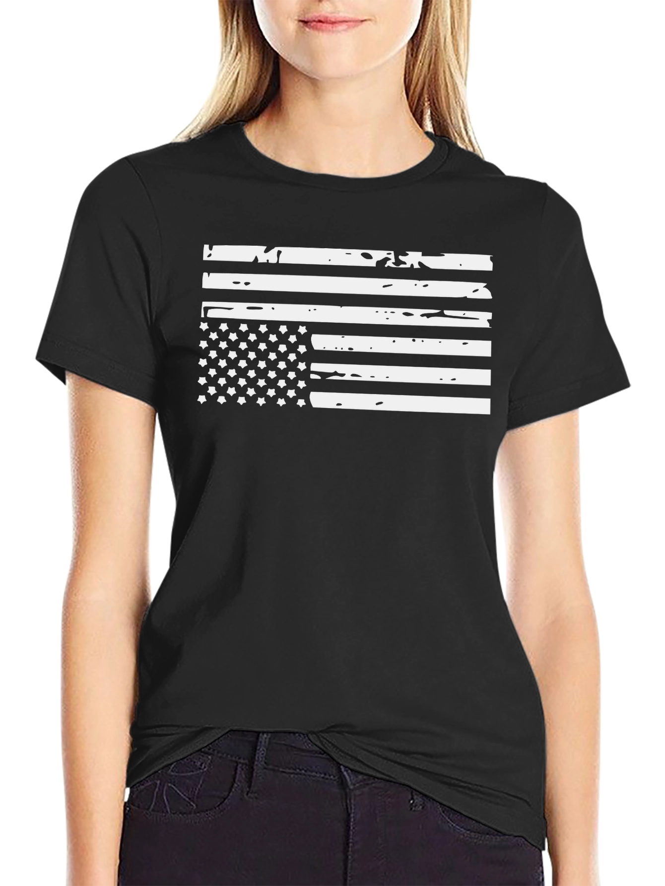 Distressed American Flag Graphic Tee - Black