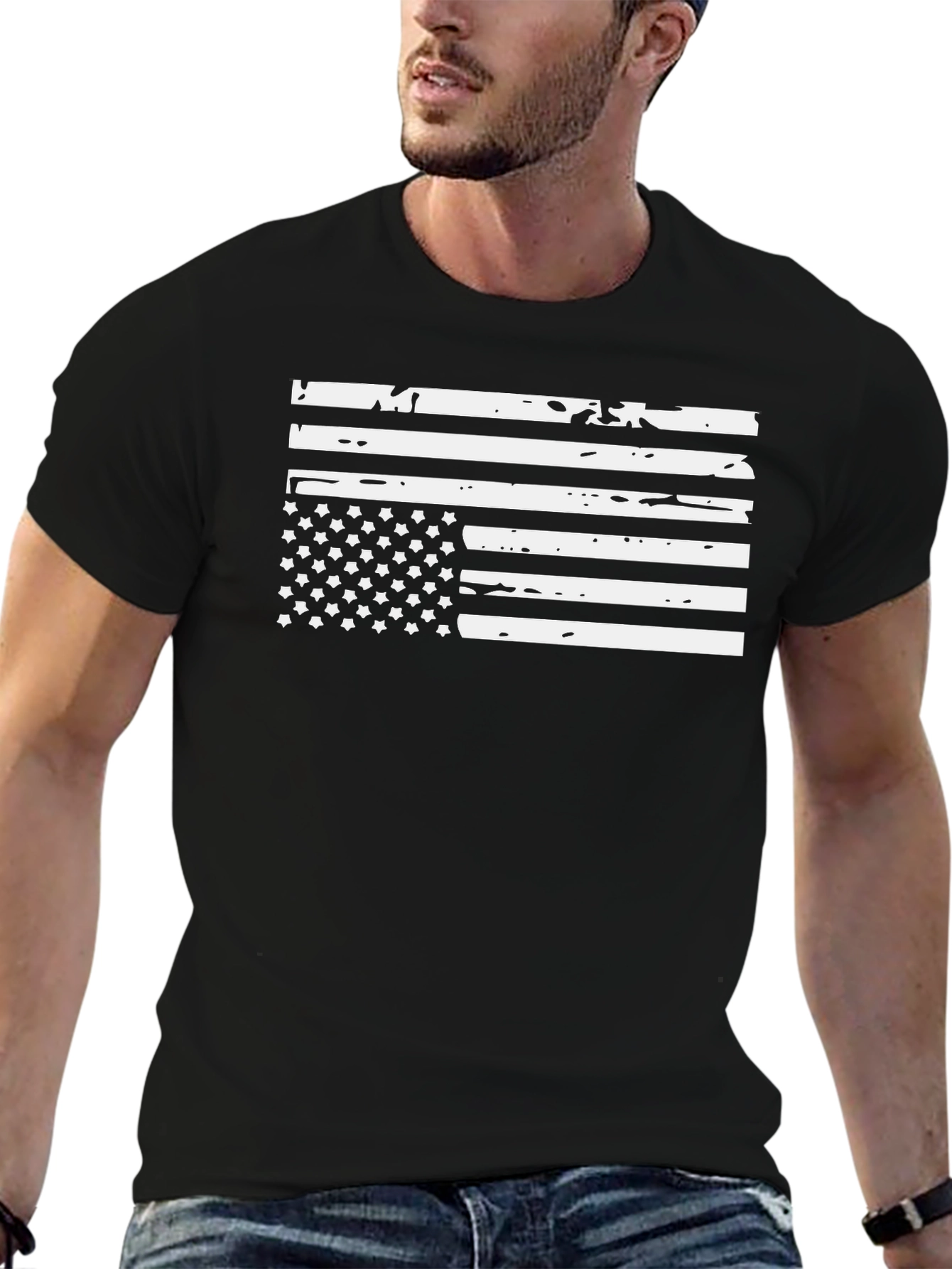Distressed American Flag Graphic Tee - Black