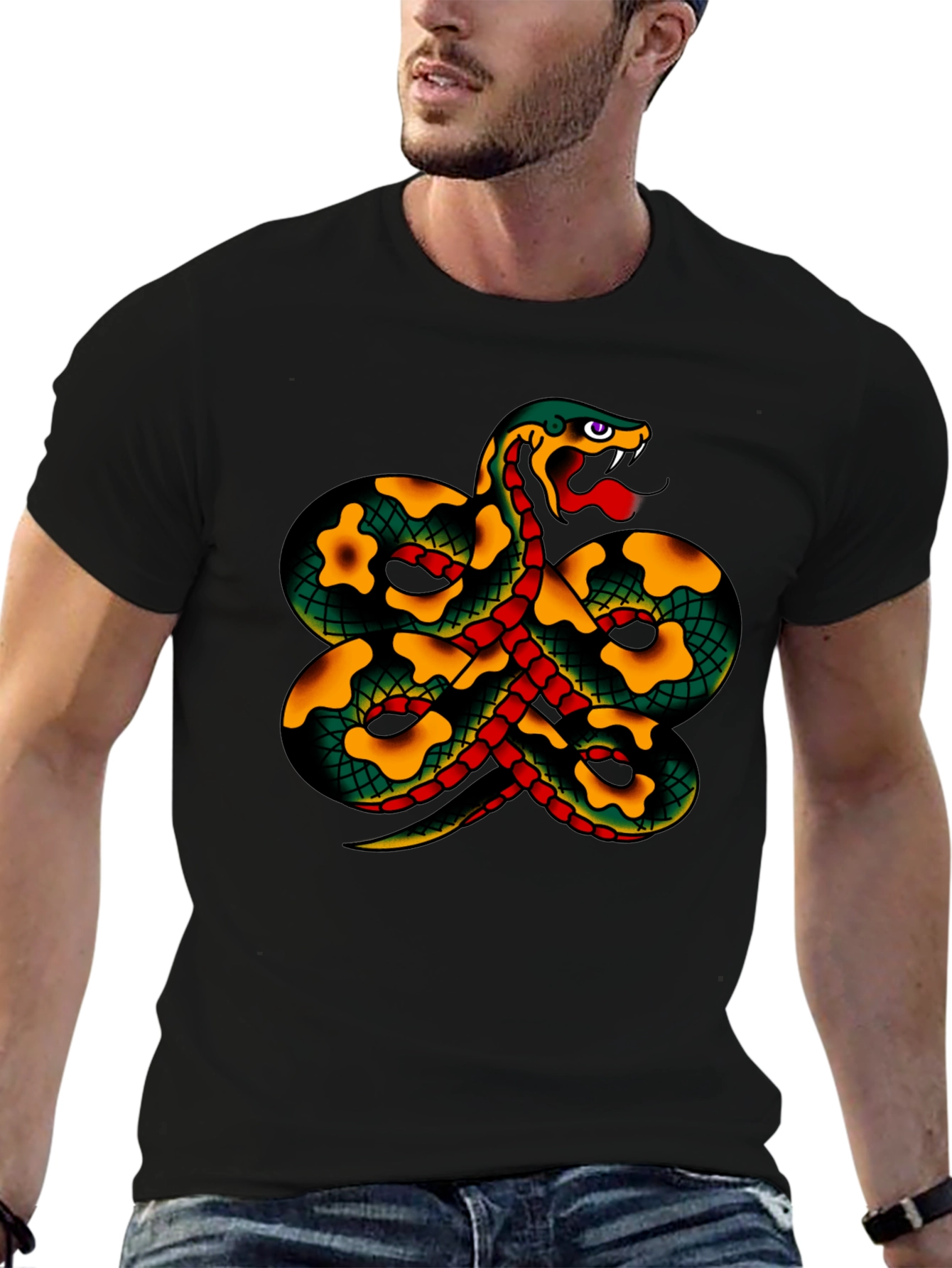 Snake Tattoo Style Graphic Black T-Shirt