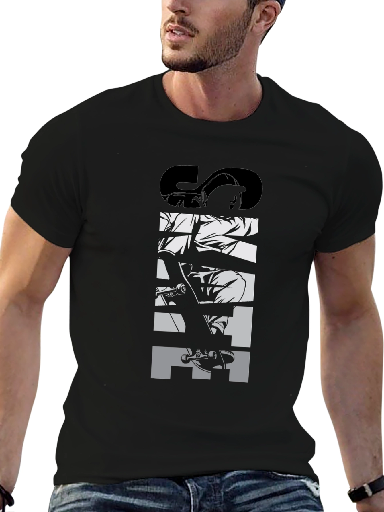 Skateboard Graphic Tee - Black Crew Neck T-Shirt