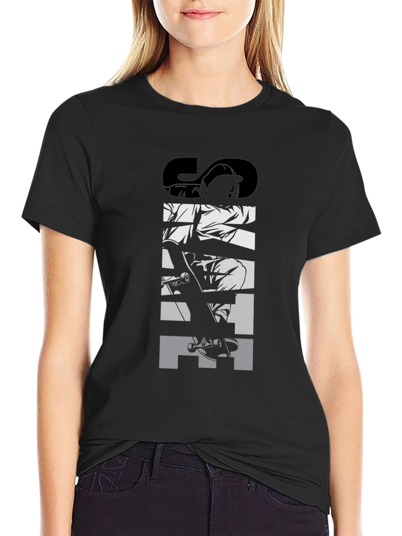 Skateboard Graphic Tee - Black Crew Neck T-Shirt