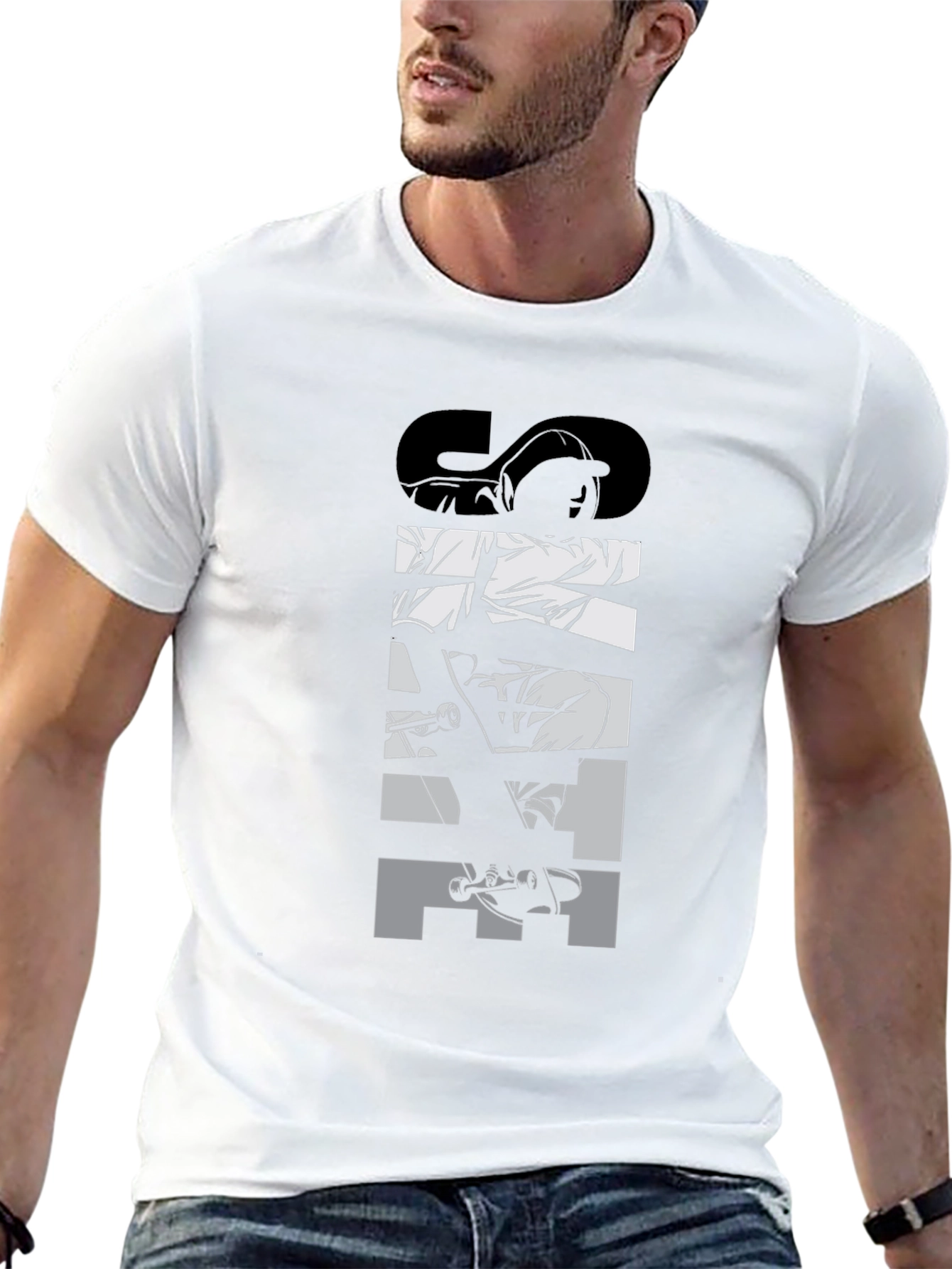 Skateboard Graphic Tee - Black Crew Neck T-Shirt