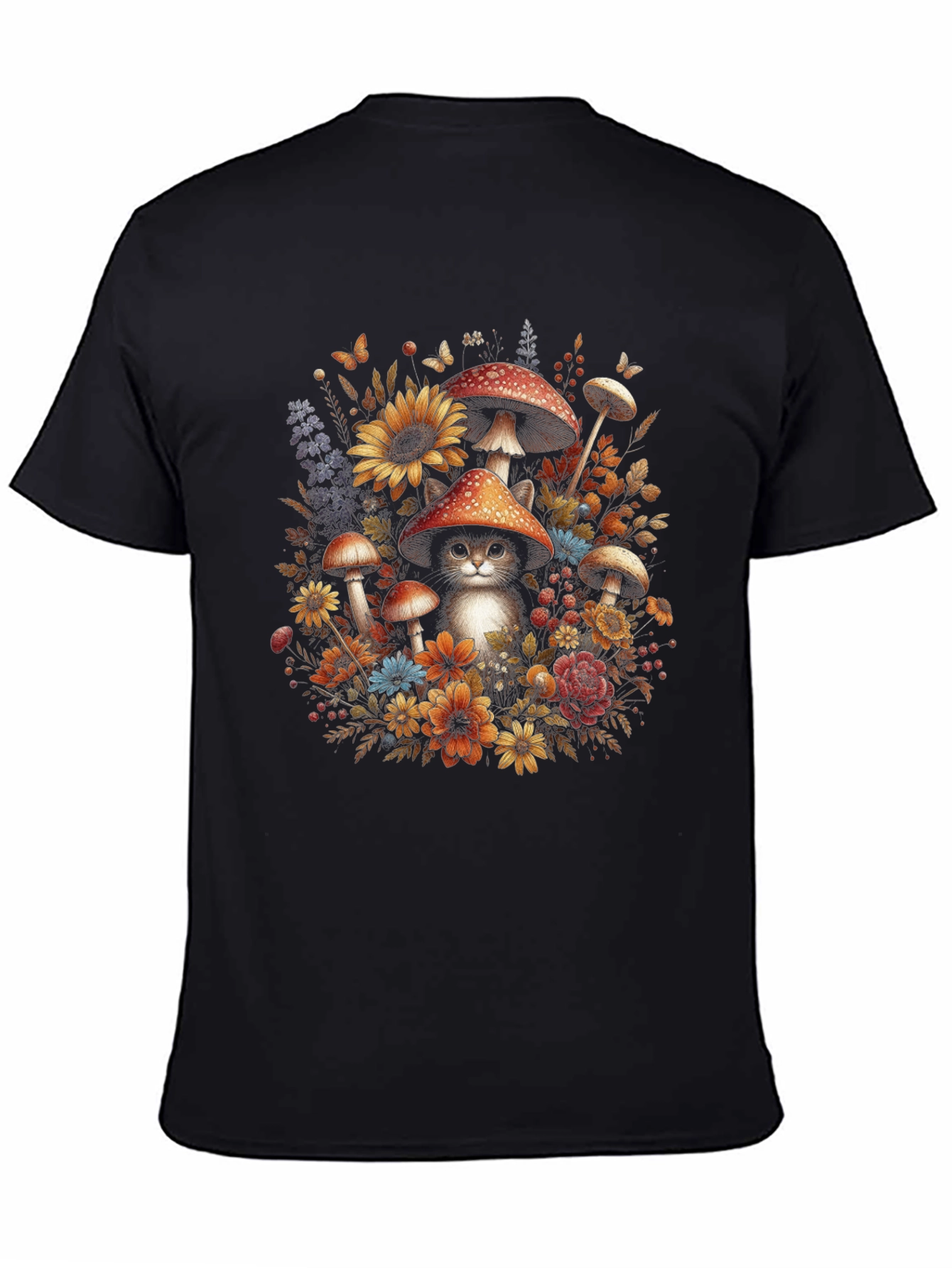 Whimsical Cat in Mushroom Patch T-Shirt
