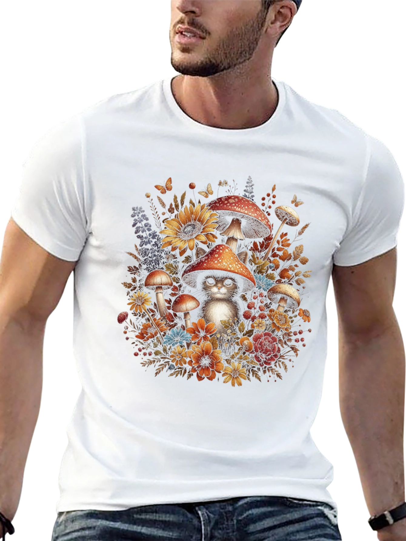 Whimsical Cat in Mushroom Patch T-Shirt