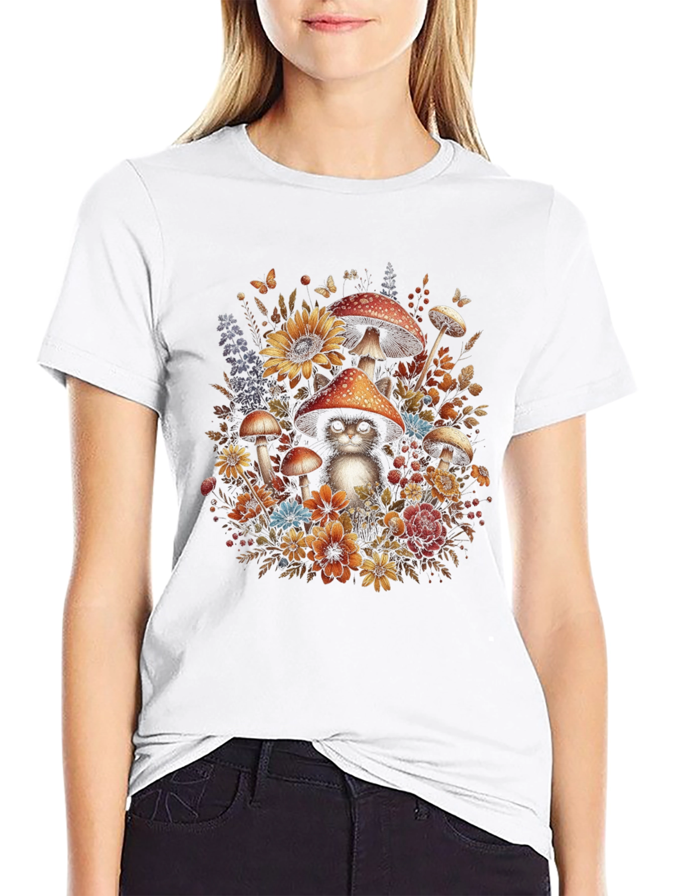 Whimsical Cat in Mushroom Patch T-Shirt