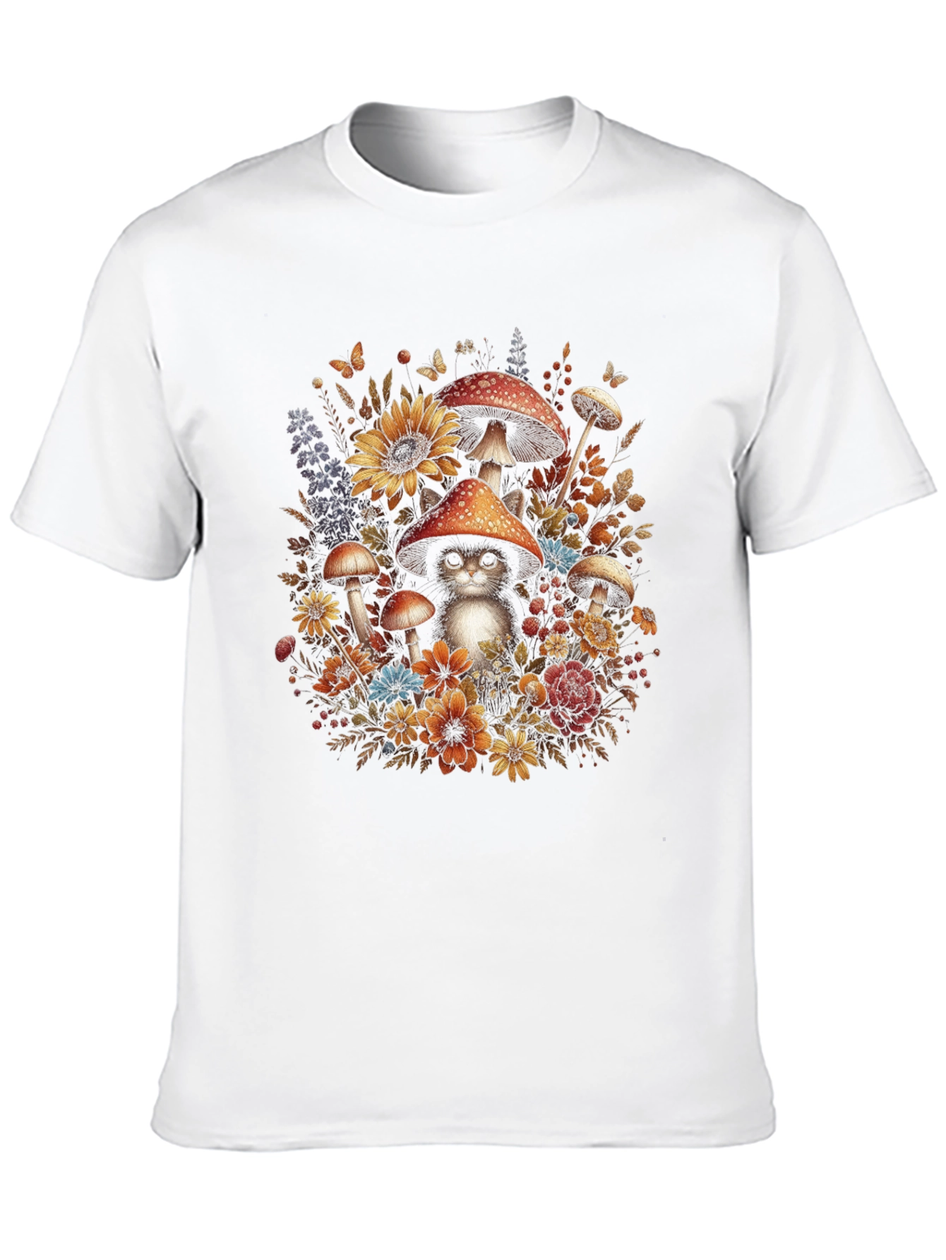 Whimsical Cat in Mushroom Patch T-Shirt
