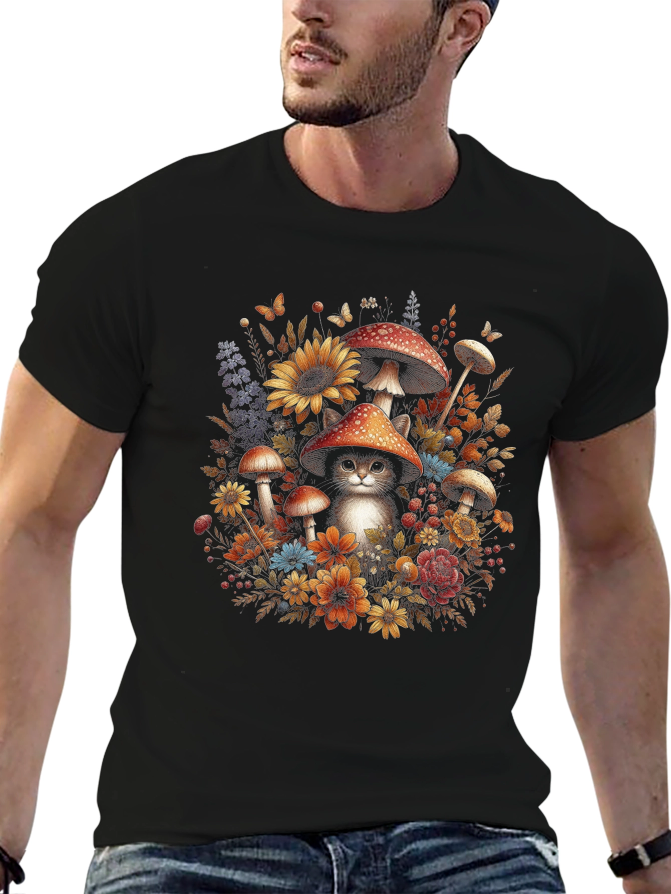 Whimsical Cat in Mushroom Patch T-Shirt