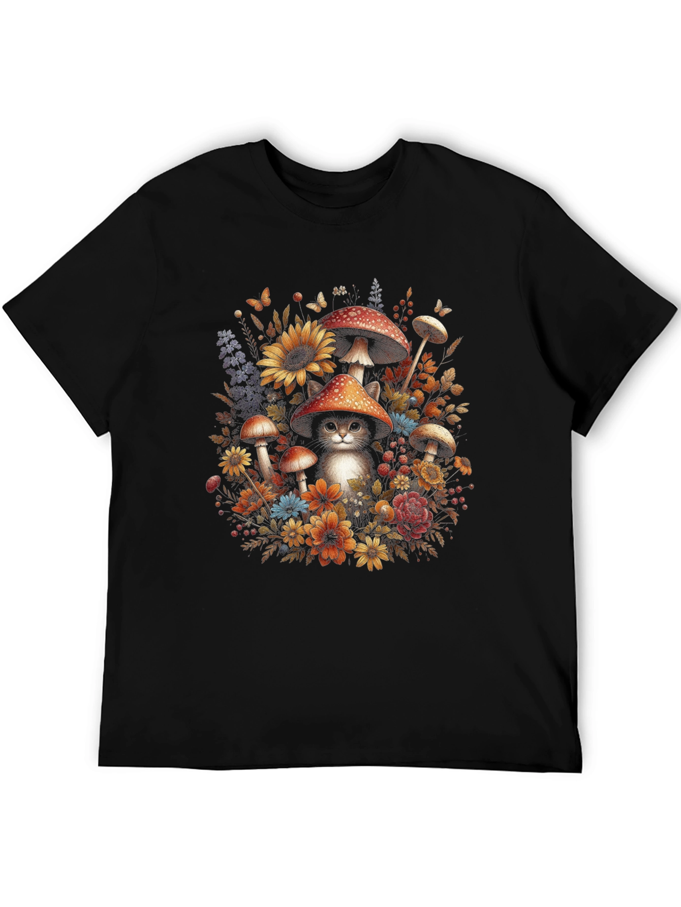 Whimsical Cat in Mushroom Patch T-Shirt