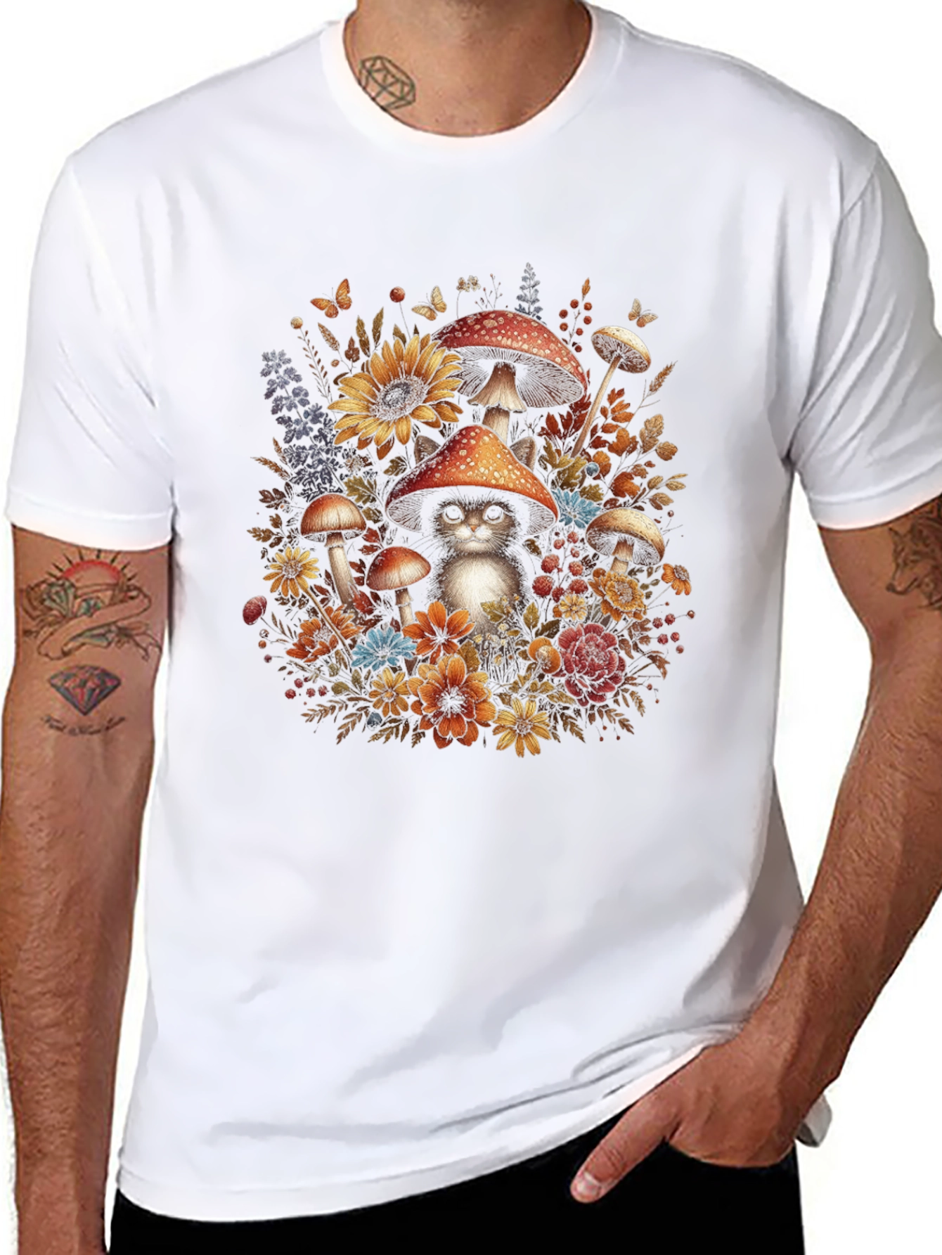Whimsical Cat in Mushroom Patch T-Shirt