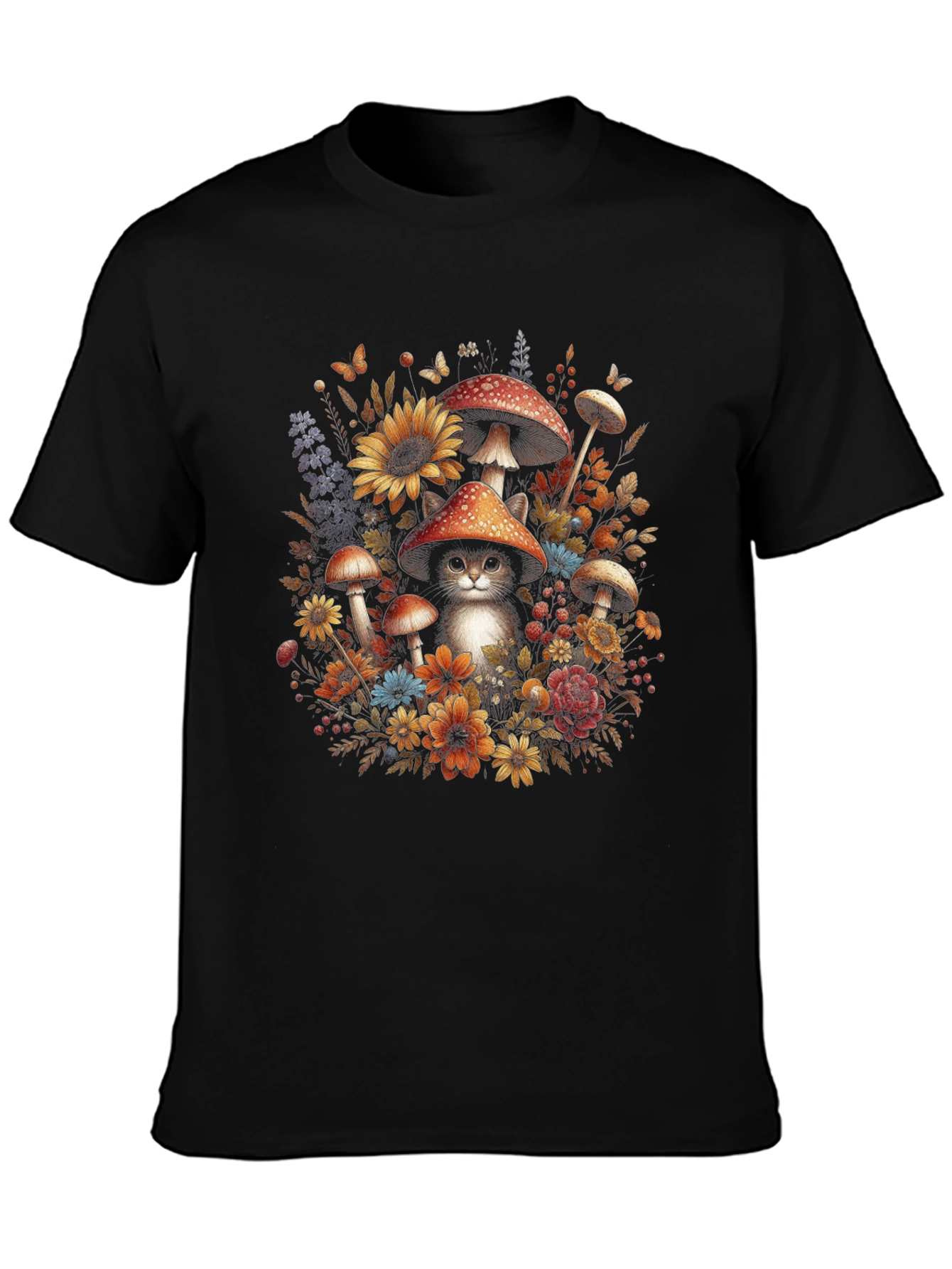 Whimsical Cat in Mushroom Patch T-Shirt
